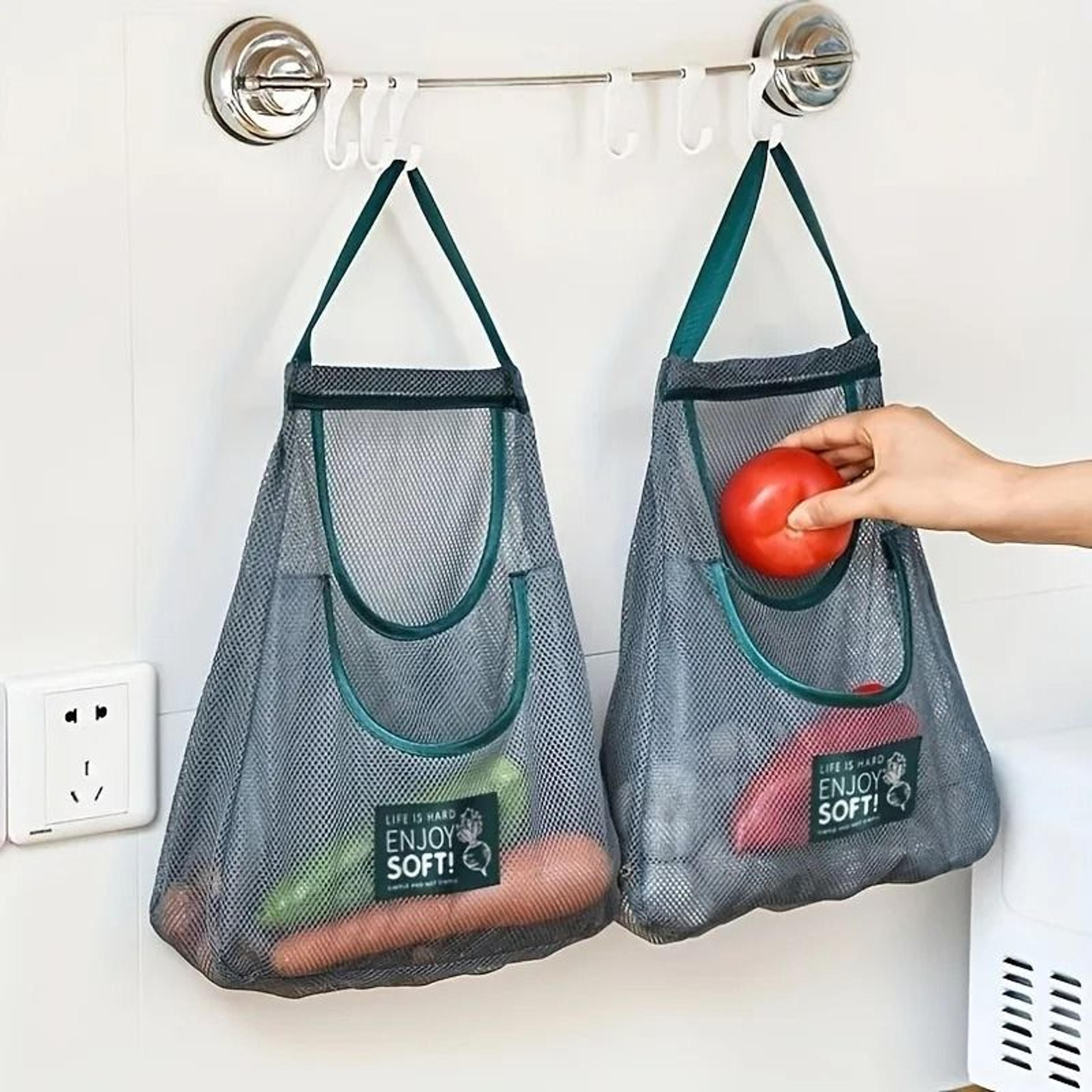 reusable hanging mesh produce bag for onions garlic potatoes and vegetables