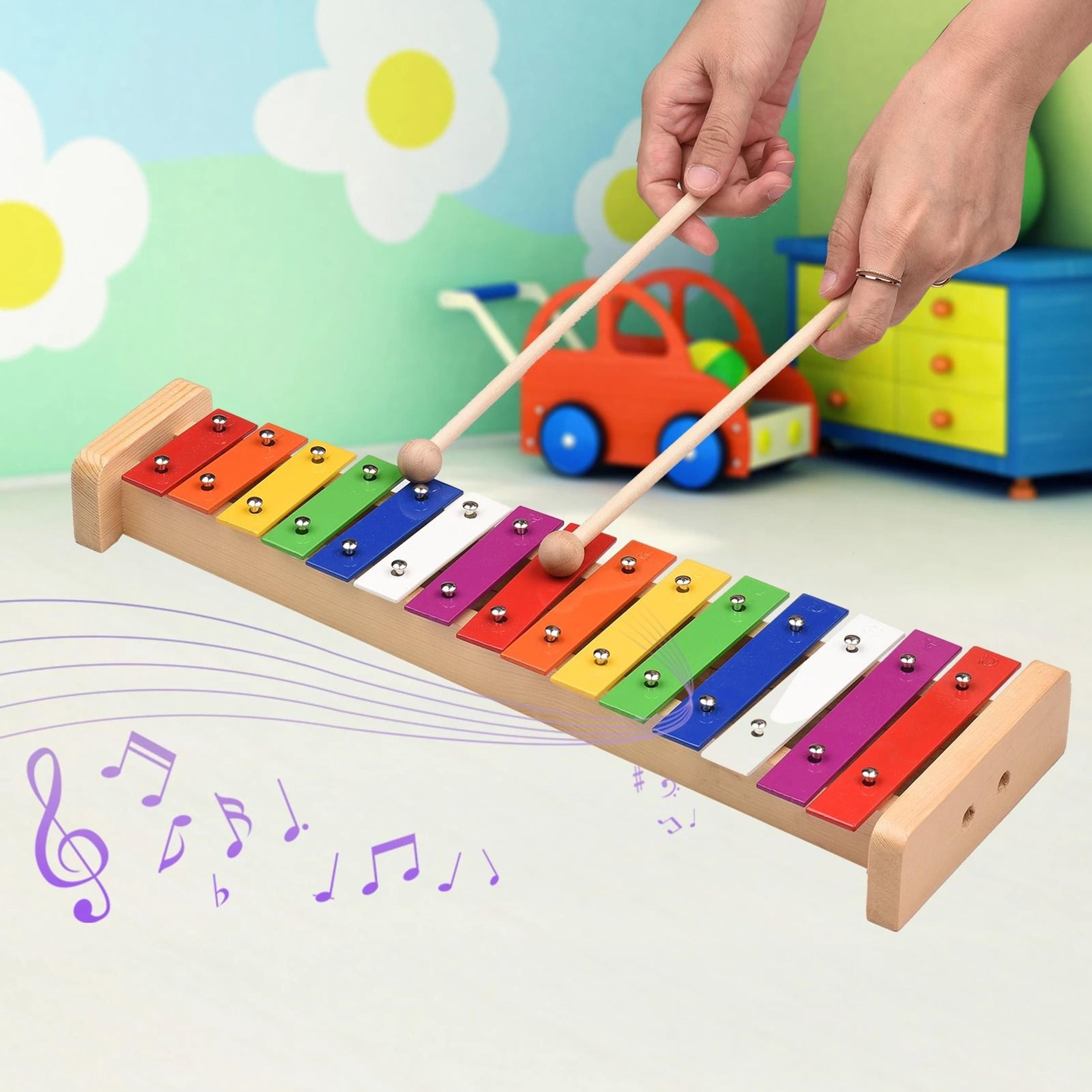 15 note glockenspiel xylophone with colorful aluminum bars and wooden base