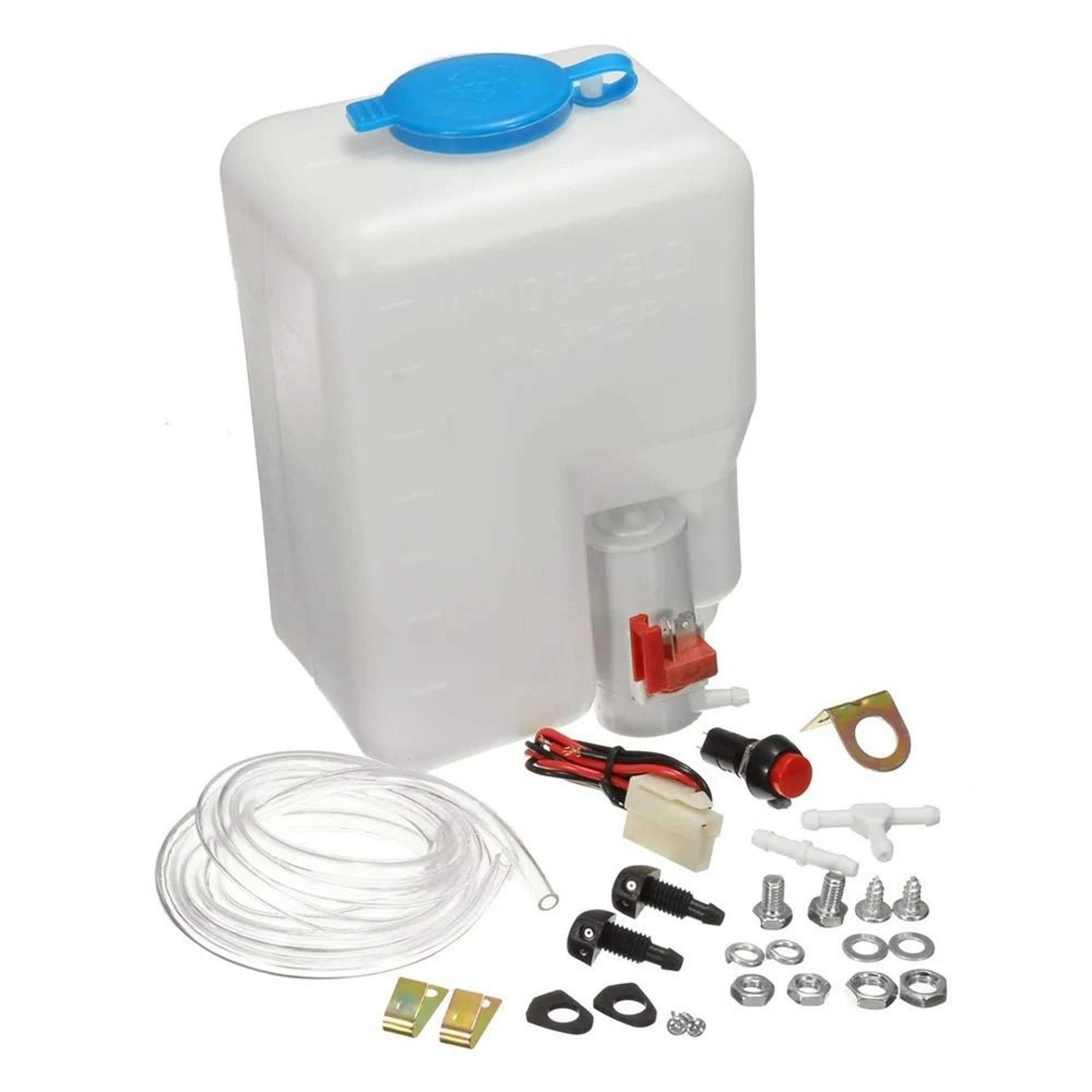 1.8l windshield washer reservoir kit with 12v pump, hose and dual spray nozzles