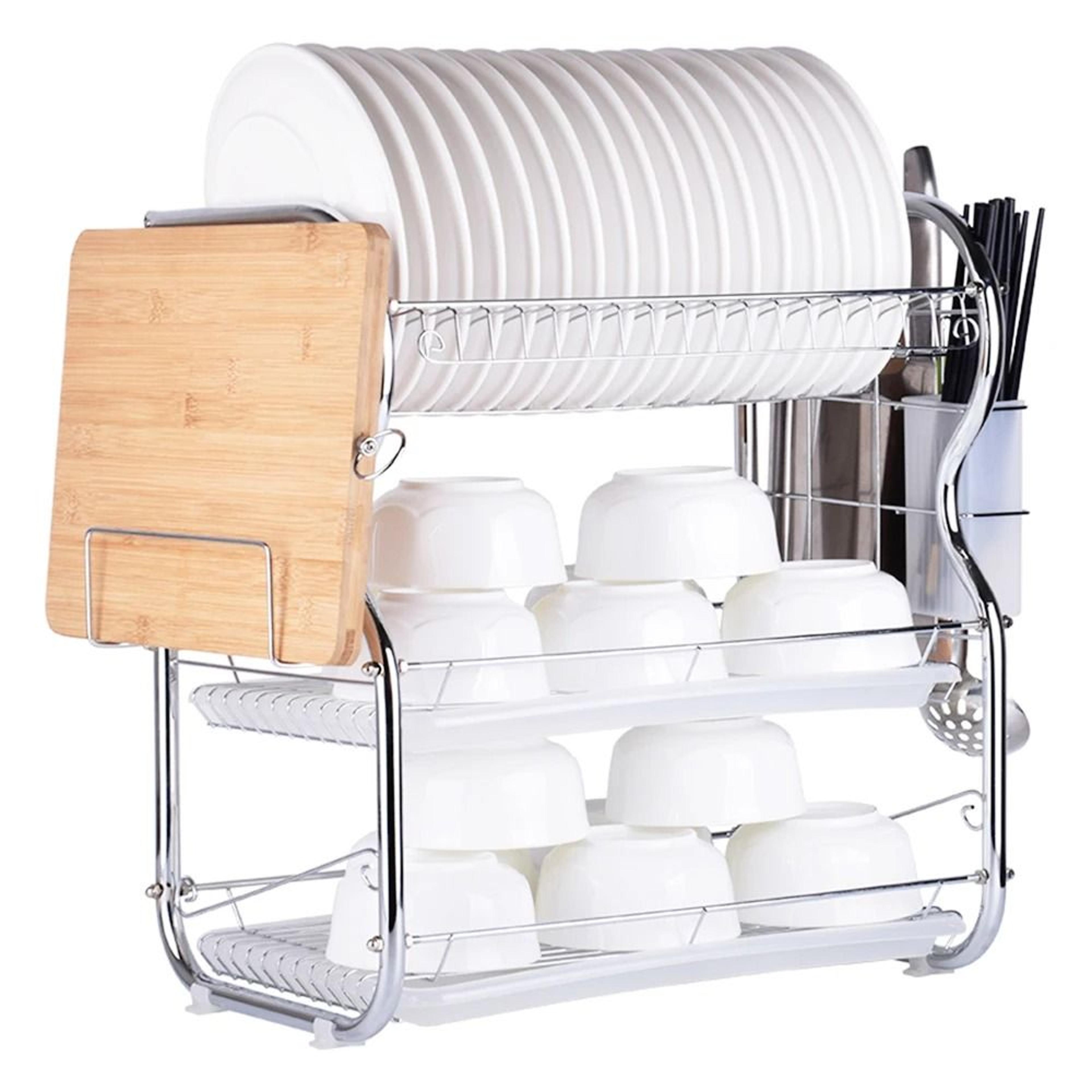 3-tier dish drying rack with drain tray, utensil and cutting board holders