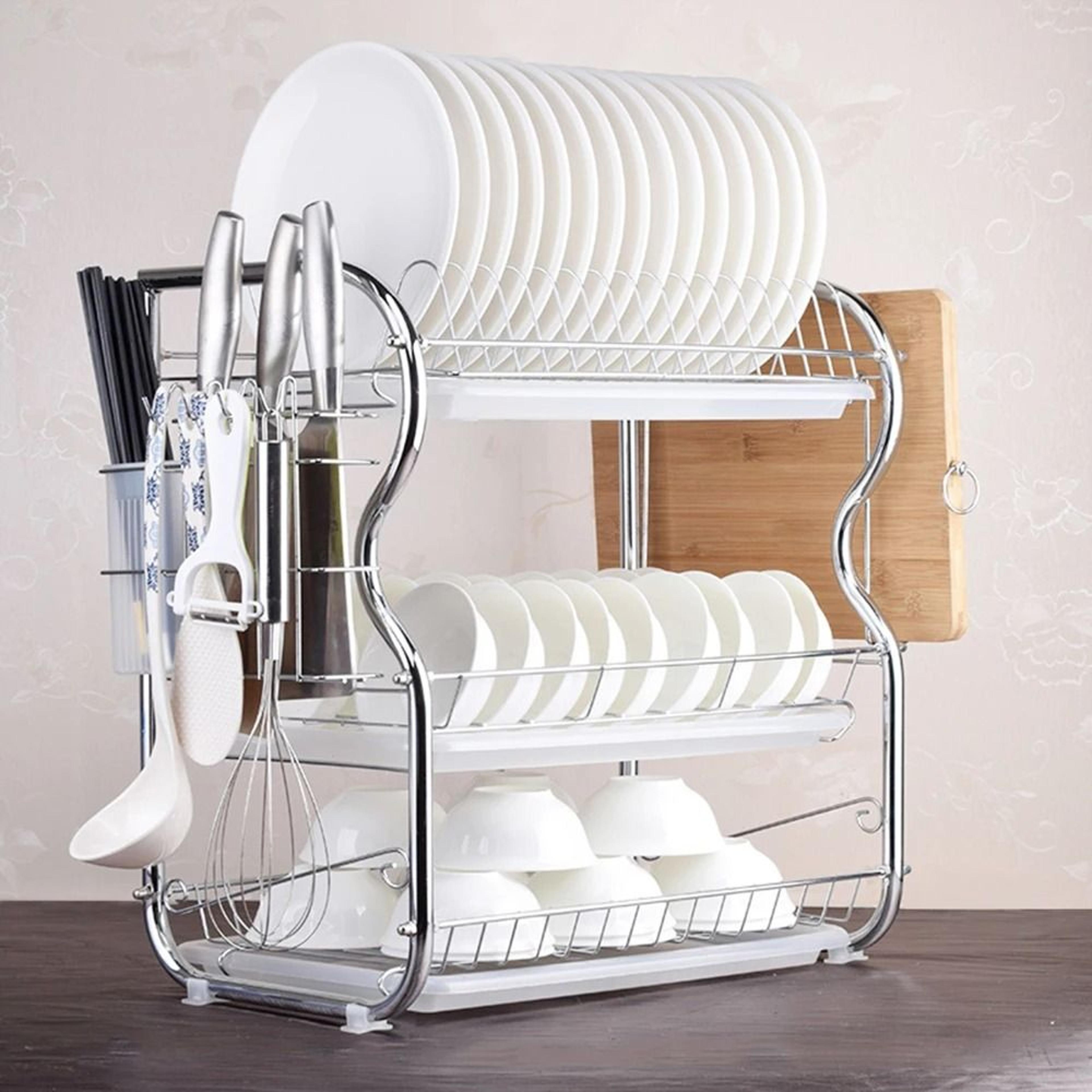 3Tier Dish Drying Rack With Drain Tray Utensil And Cutting Board Holders 3