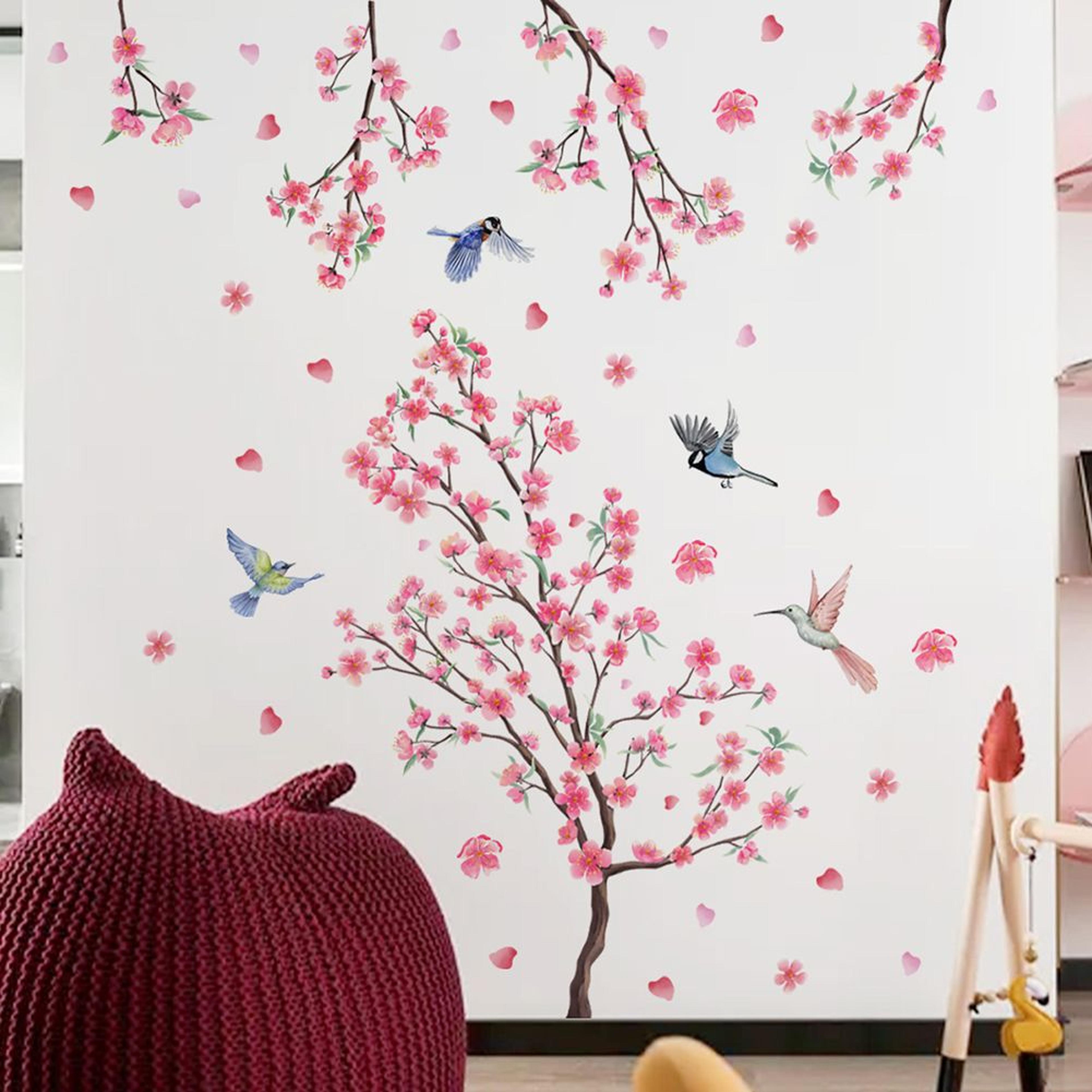 2-piece cherry blossom wall stickers with pink flowers and birds