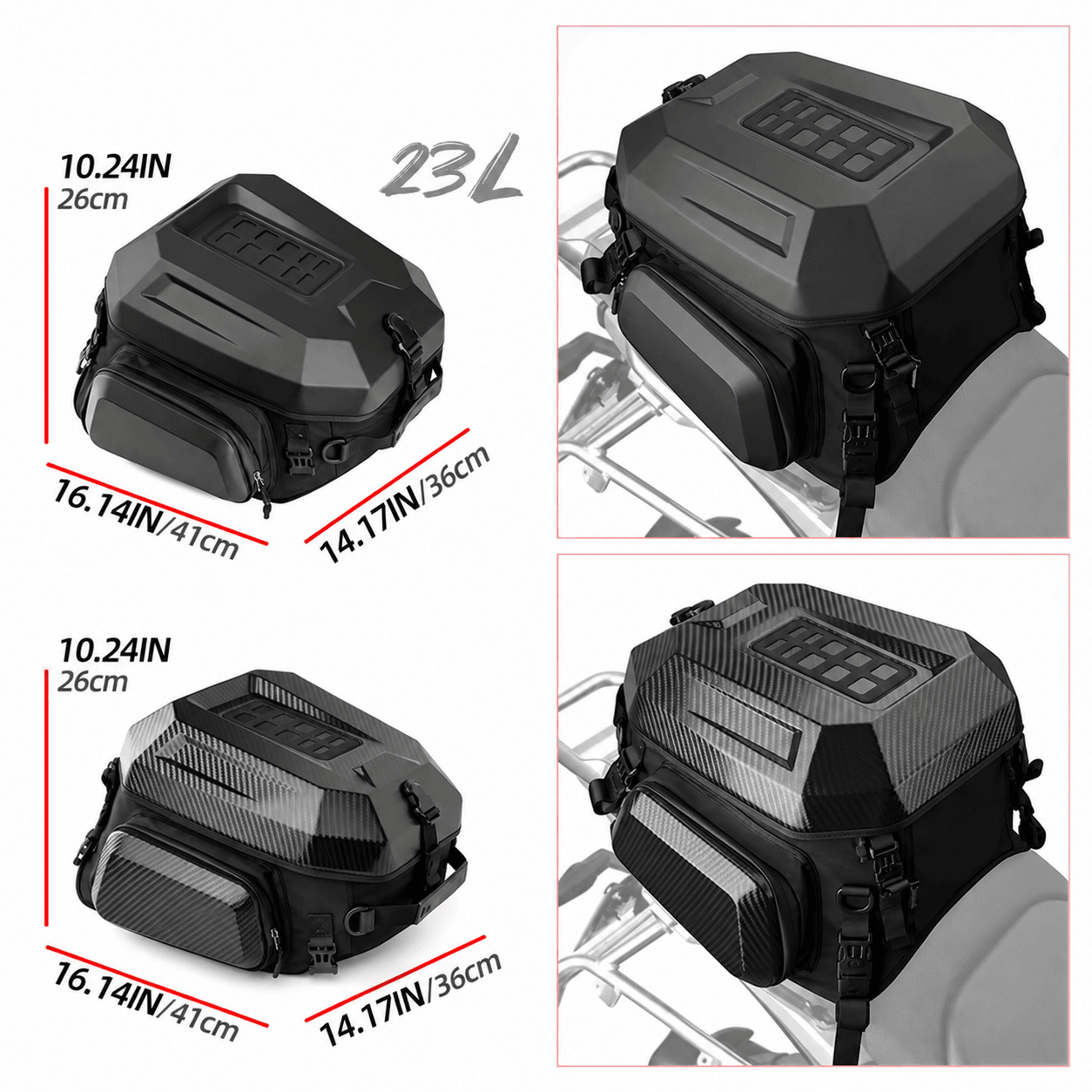 23l–35l expandable motorcycle tail bag with waterproof inner liner and helmet storage