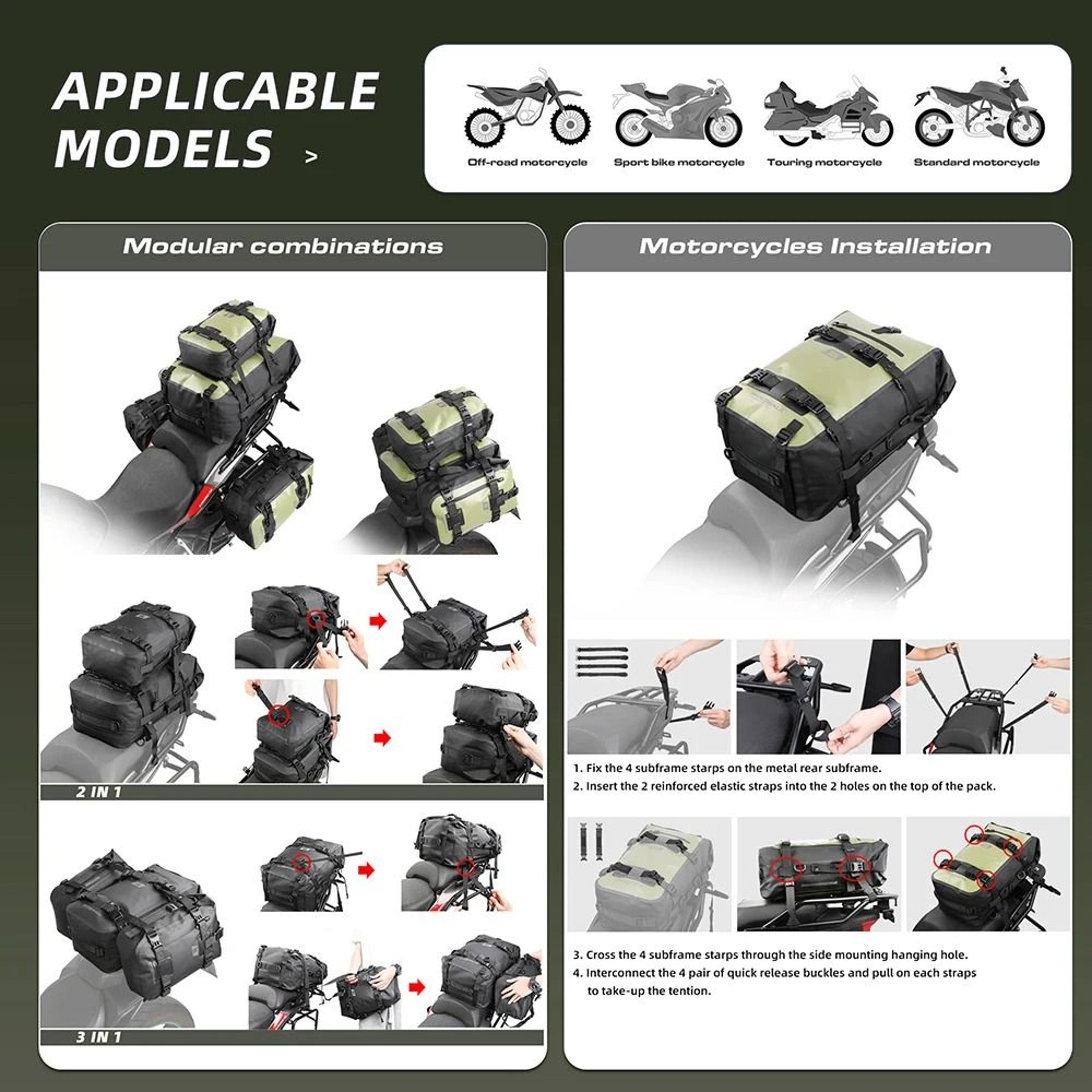 Waterproof Motorcycle Tail Bag 8L 15L 30L Modular Rear Seat Storage 10