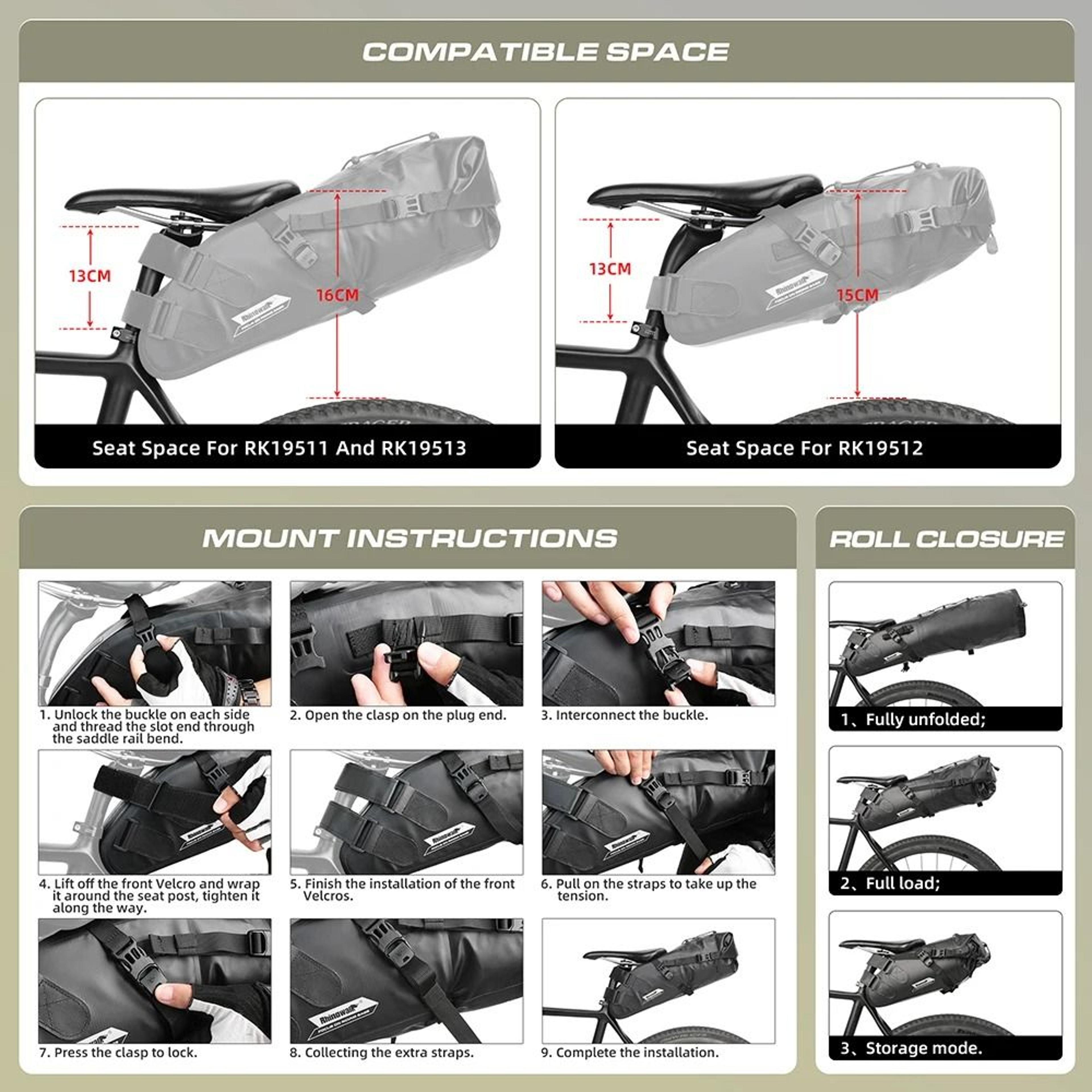 5L13L Waterproof Bike Saddle Bag Expandable Reflective Rear Cycling Storage 13