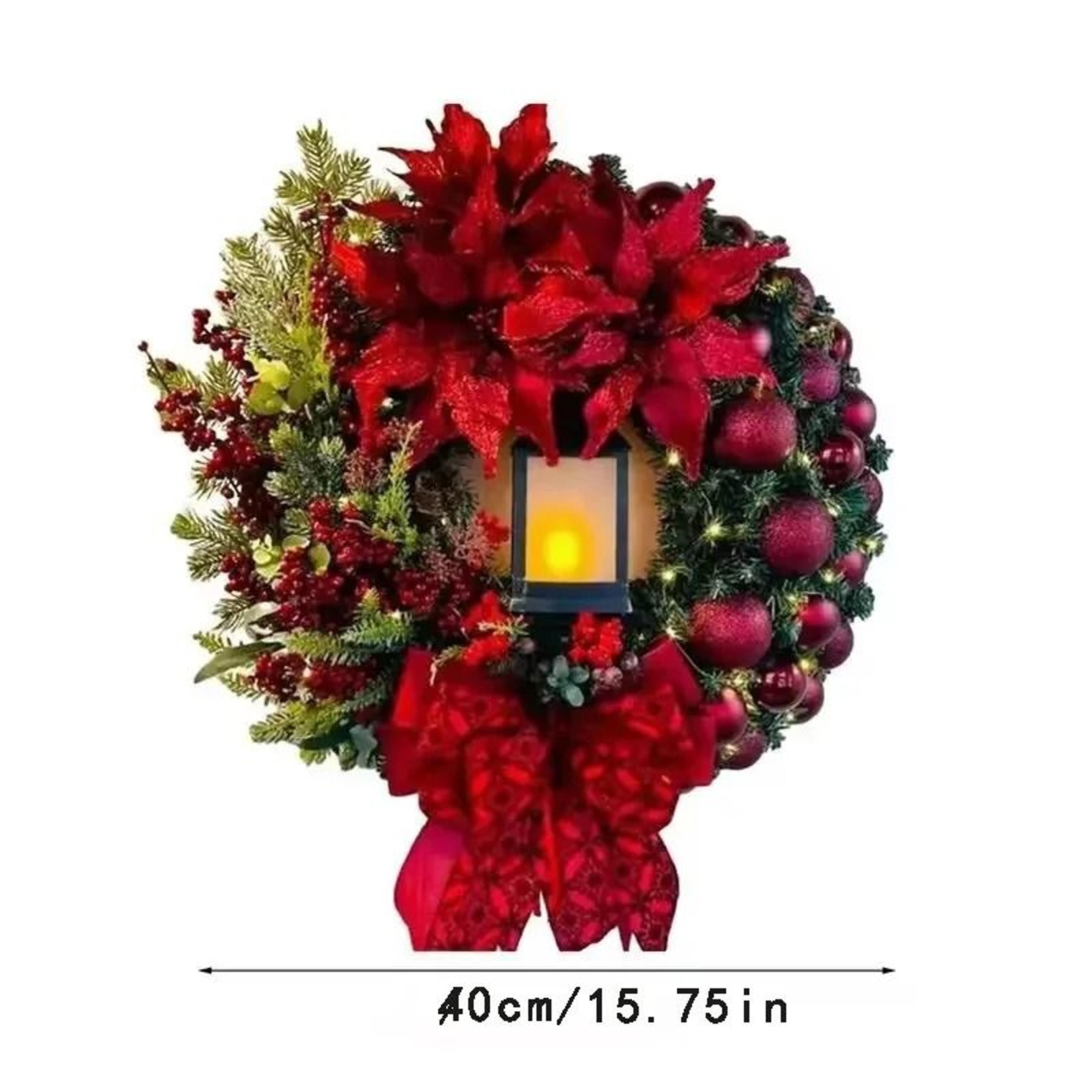40cm Christmas Door Wreath With Lighted Lantern And Large Bow 4