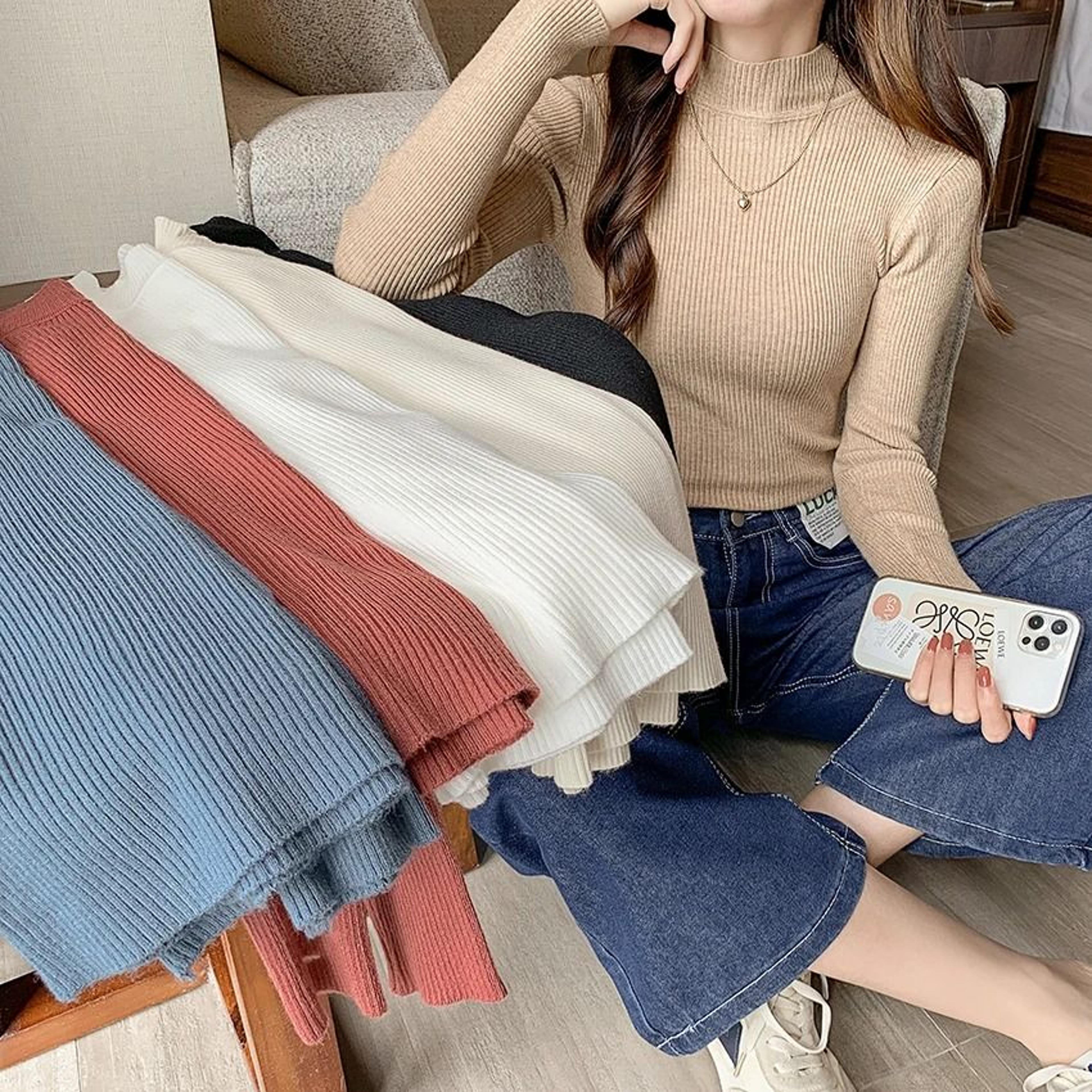 Womens Mock Neck Knit Sweater Slim Solid Pullover For Autumn And Winter 12