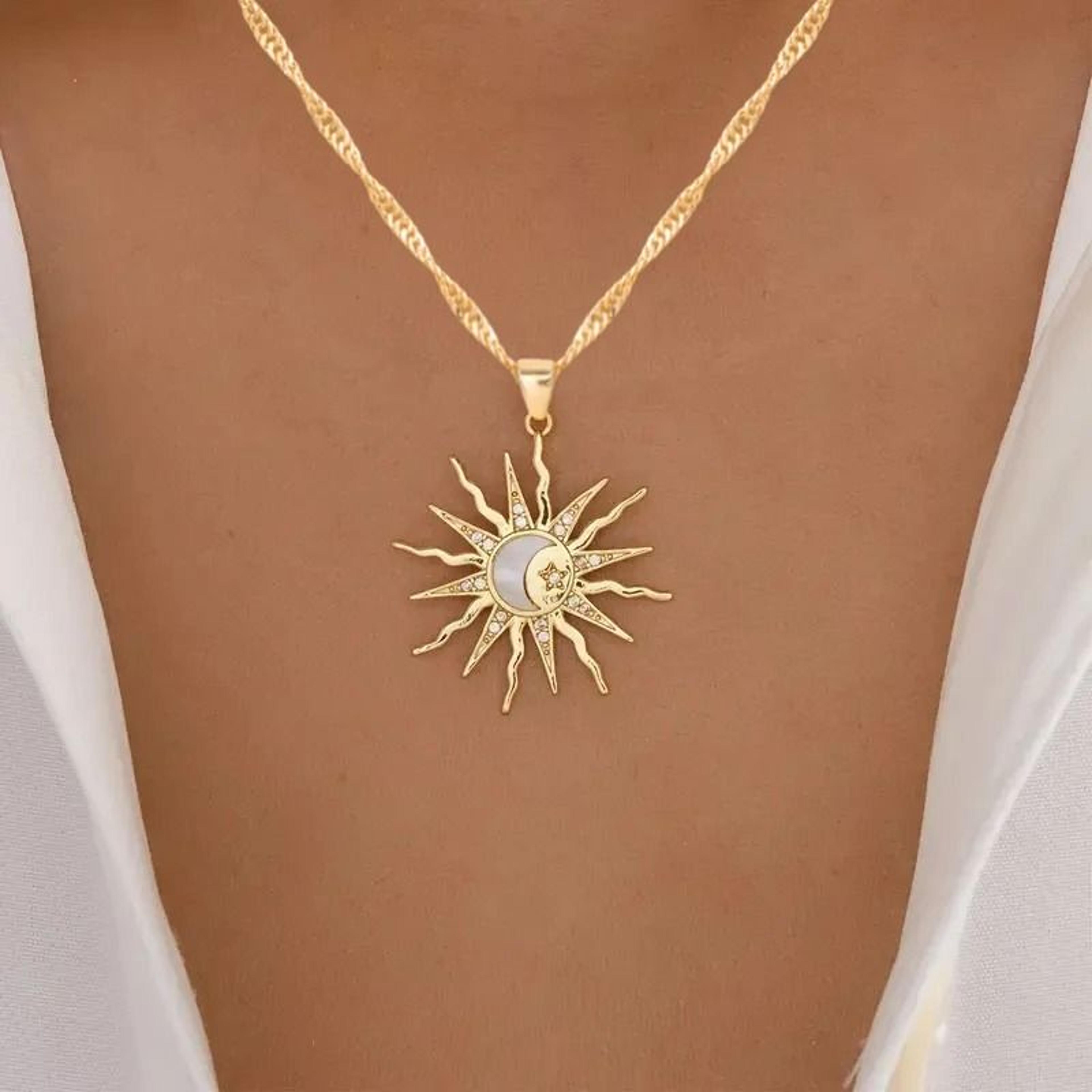 Womens Sun Moon Star Necklace Rhinestone Celestial Pendant Jewelry 7