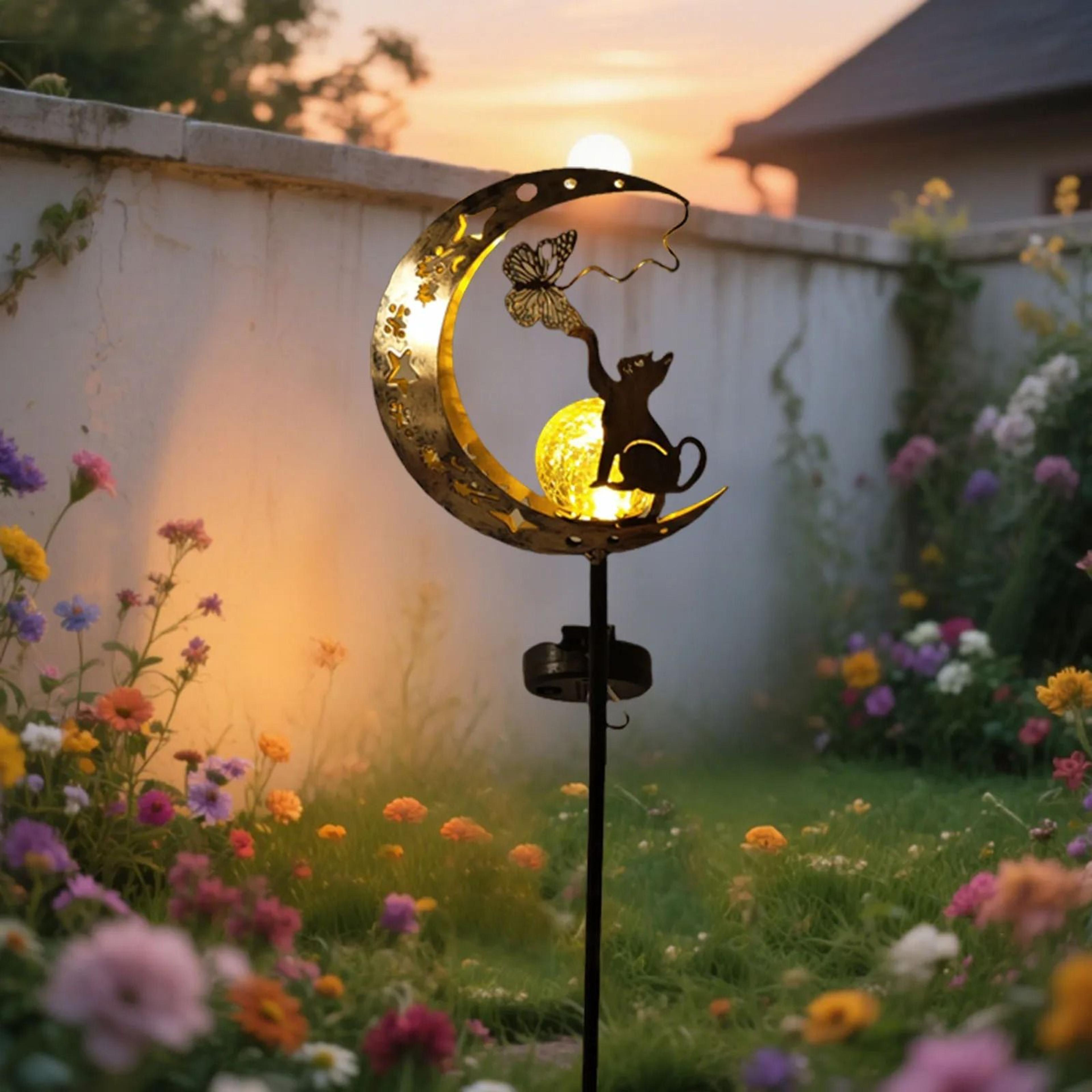 cat and moon solar garden light iron outdoor stake lamp with auto on/off