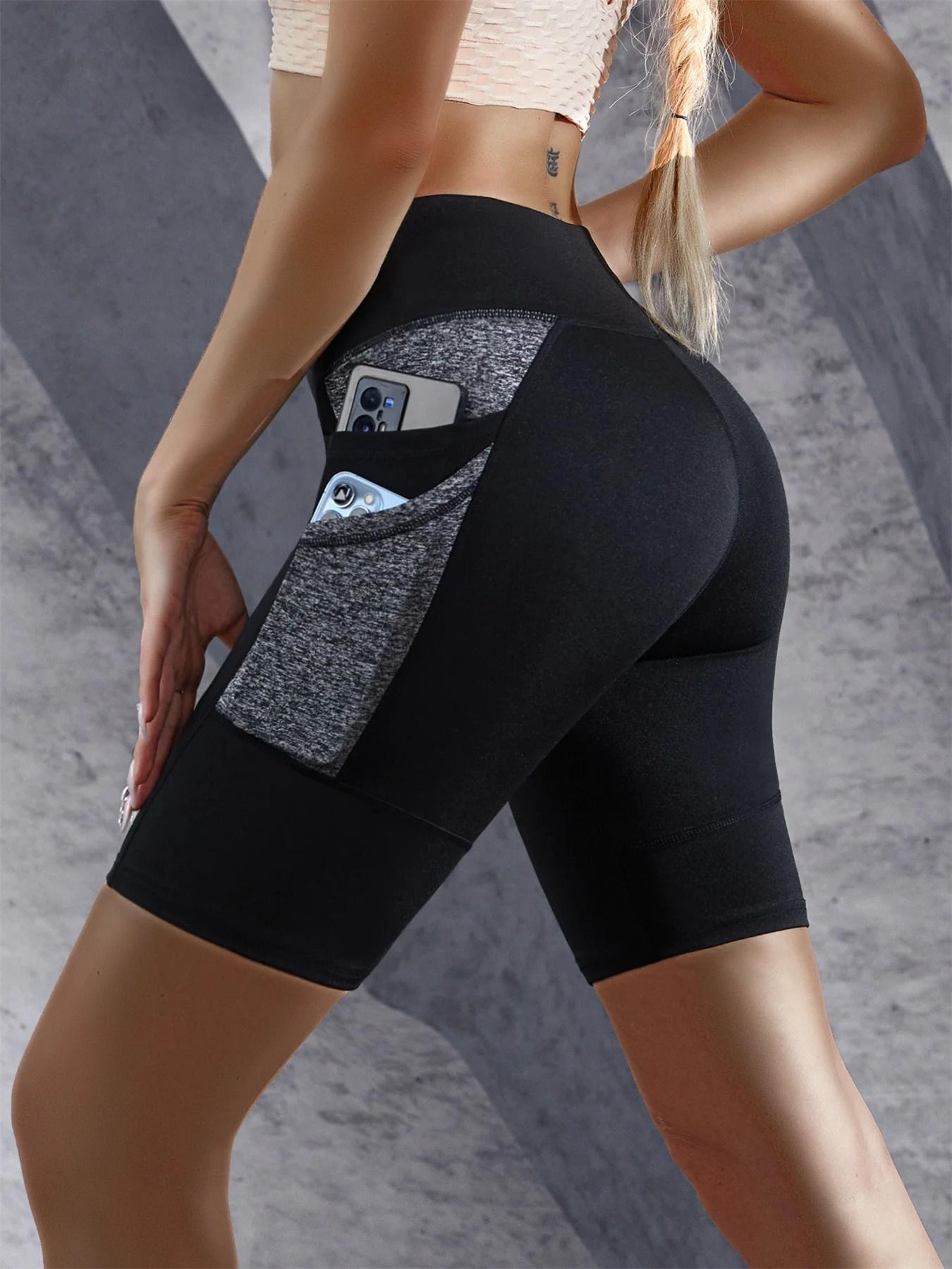 Womens High Waist Yoga Shorts With Double Side Pockets And Colorblock Design 5