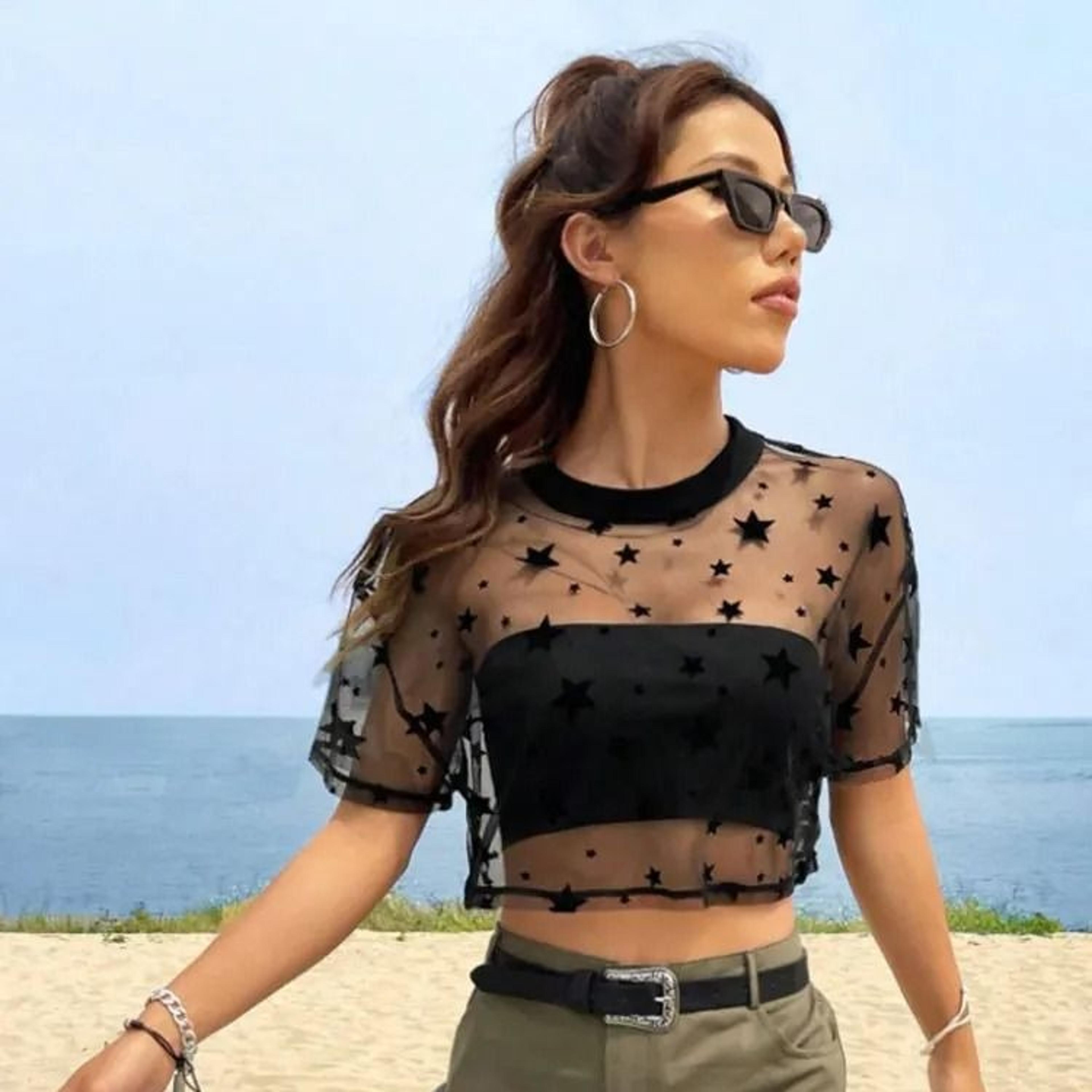 womens star print mesh crop top sheer drop shoulder summer tee
