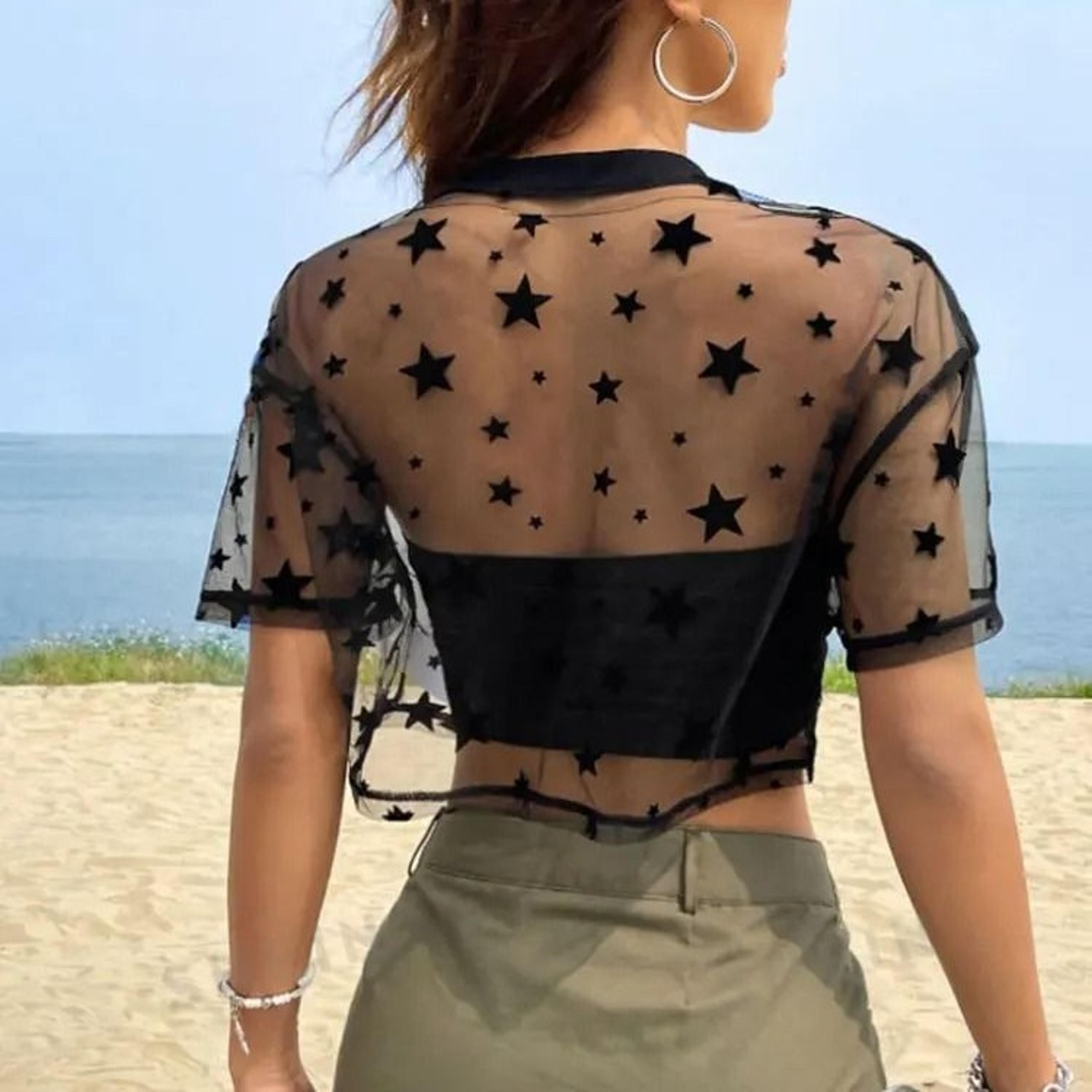 Womens Star Print Mesh Crop Top Sheer Drop Shoulder Summer Tee 6jpg