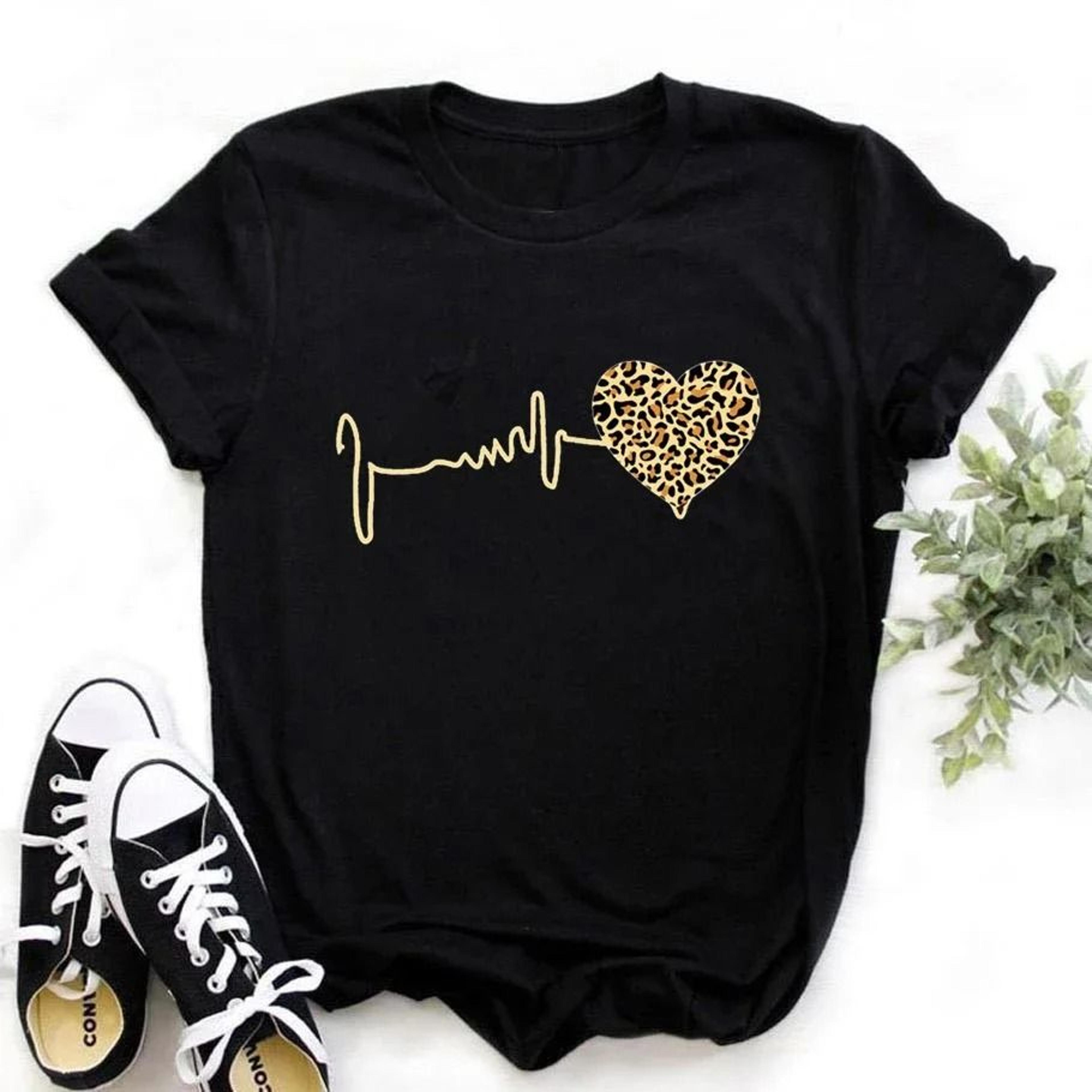 Womens Leopard Heartbeat TShirt 90s Harajuku Graphic Short Sleeve Tee 5