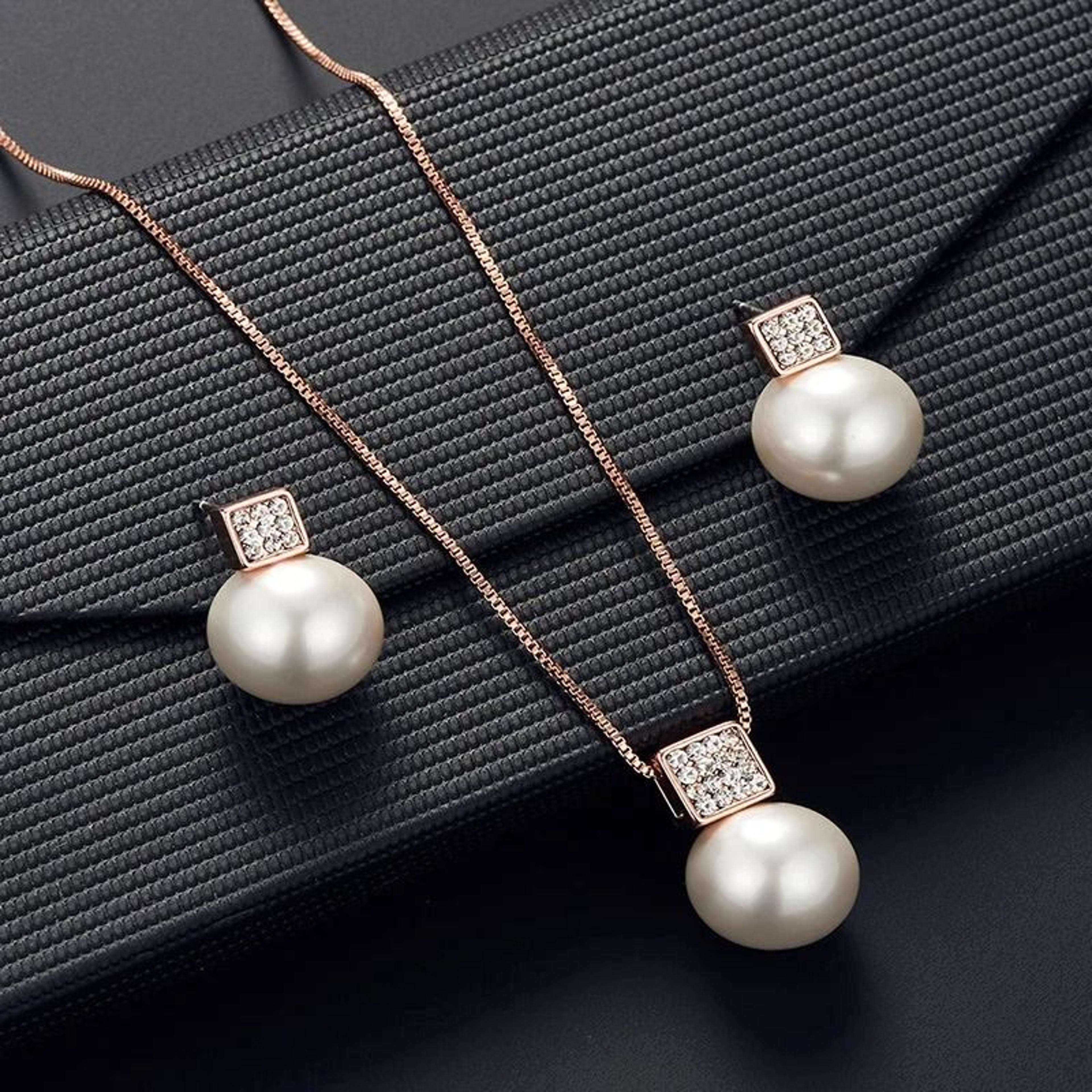 2Piece Pearl Necklace And Earring Set Silver Crystal Snake Chain Jewelry 7