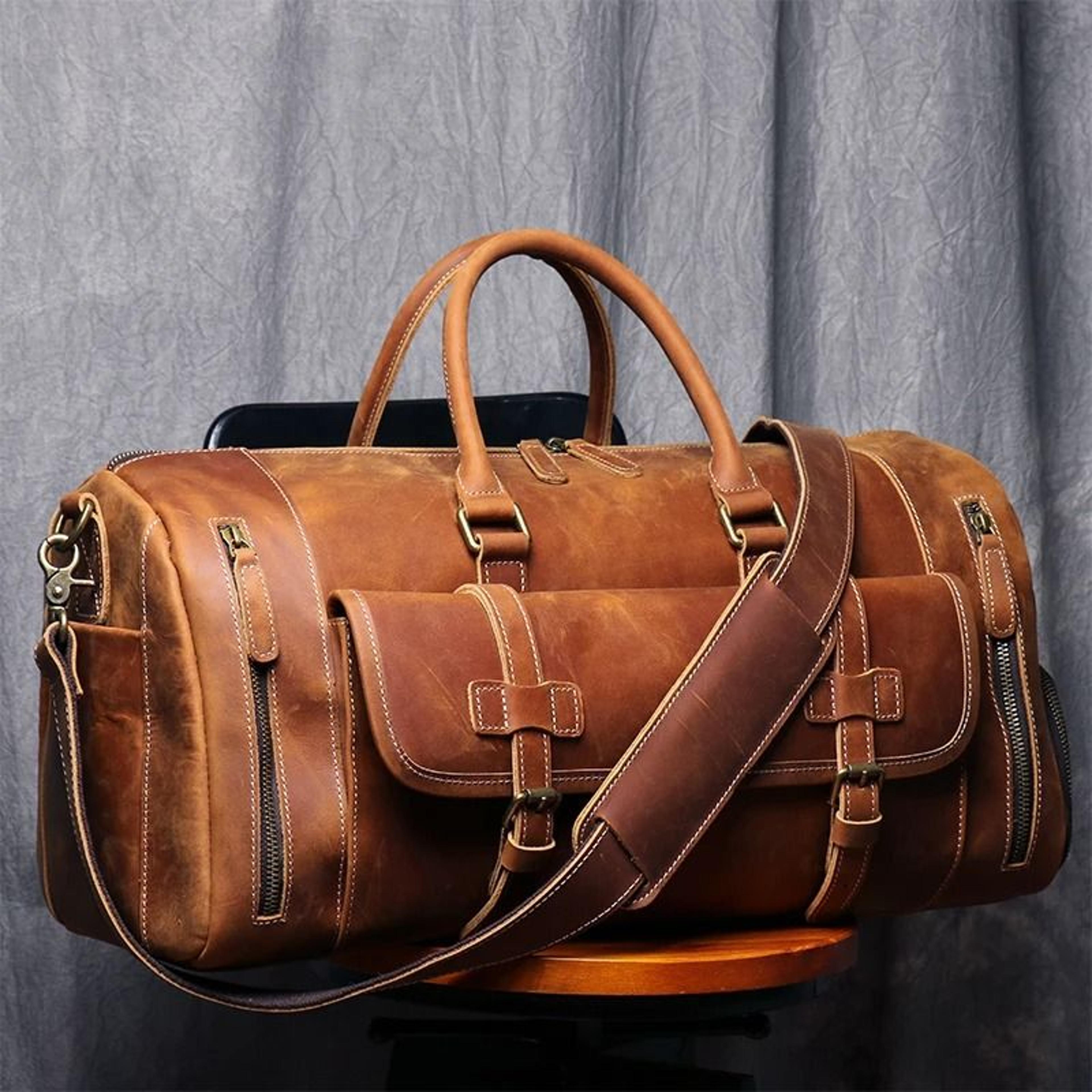 vintage crazy horse leather duffle bag large mens weekend travel tote