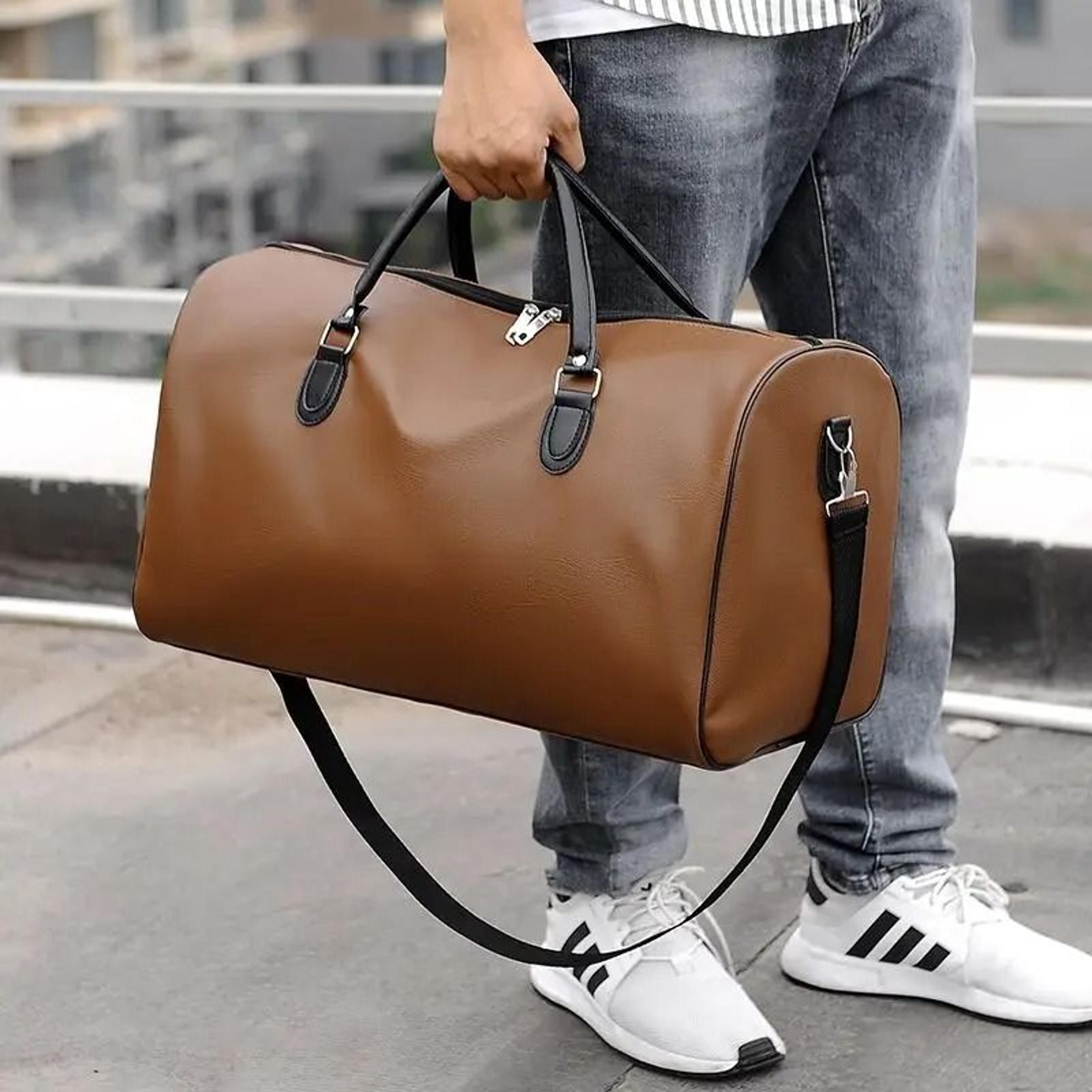 large capacity mens business travel bag leather weekend tote and shoulder bag