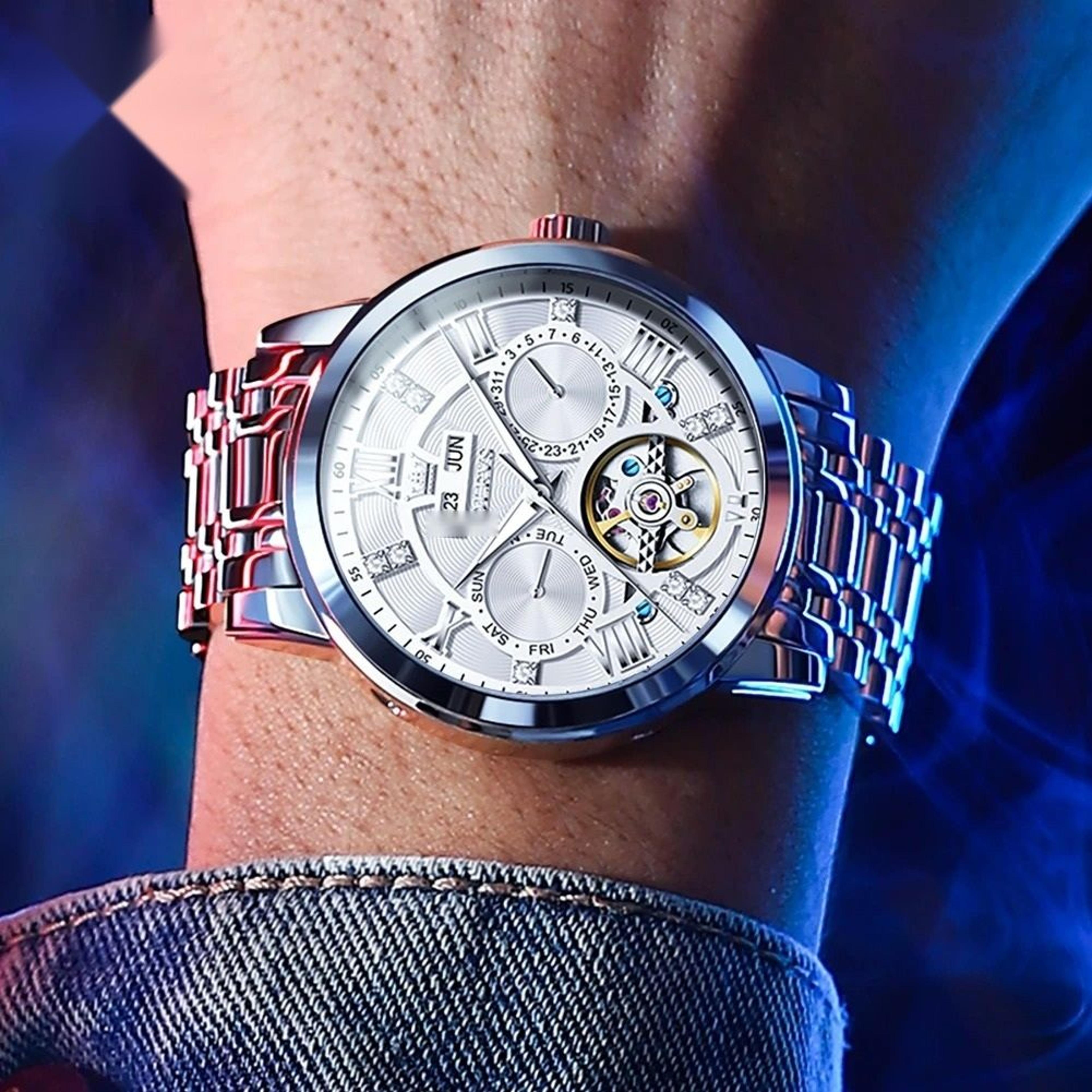 mens automatic skeleton watch luminous waterproof mechanical calendar wristwatch