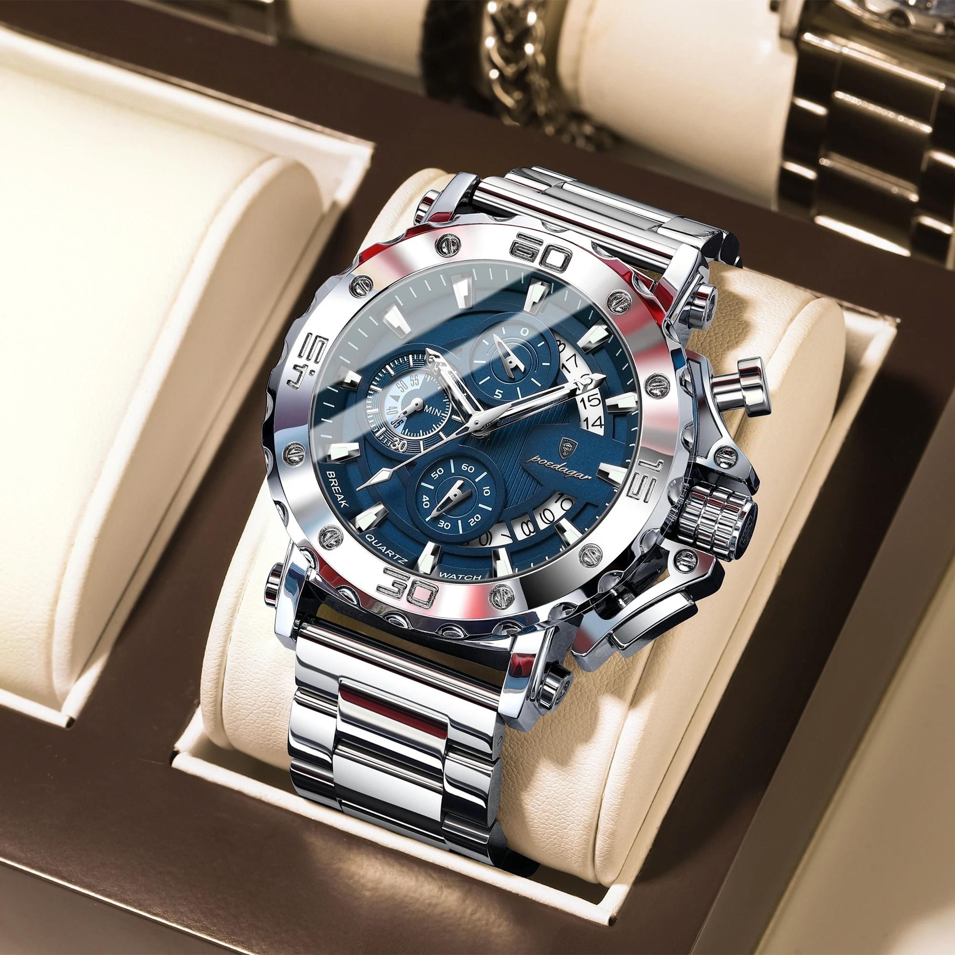 mens luxury chronograph watch stainless steel luminous calendar quartz watch