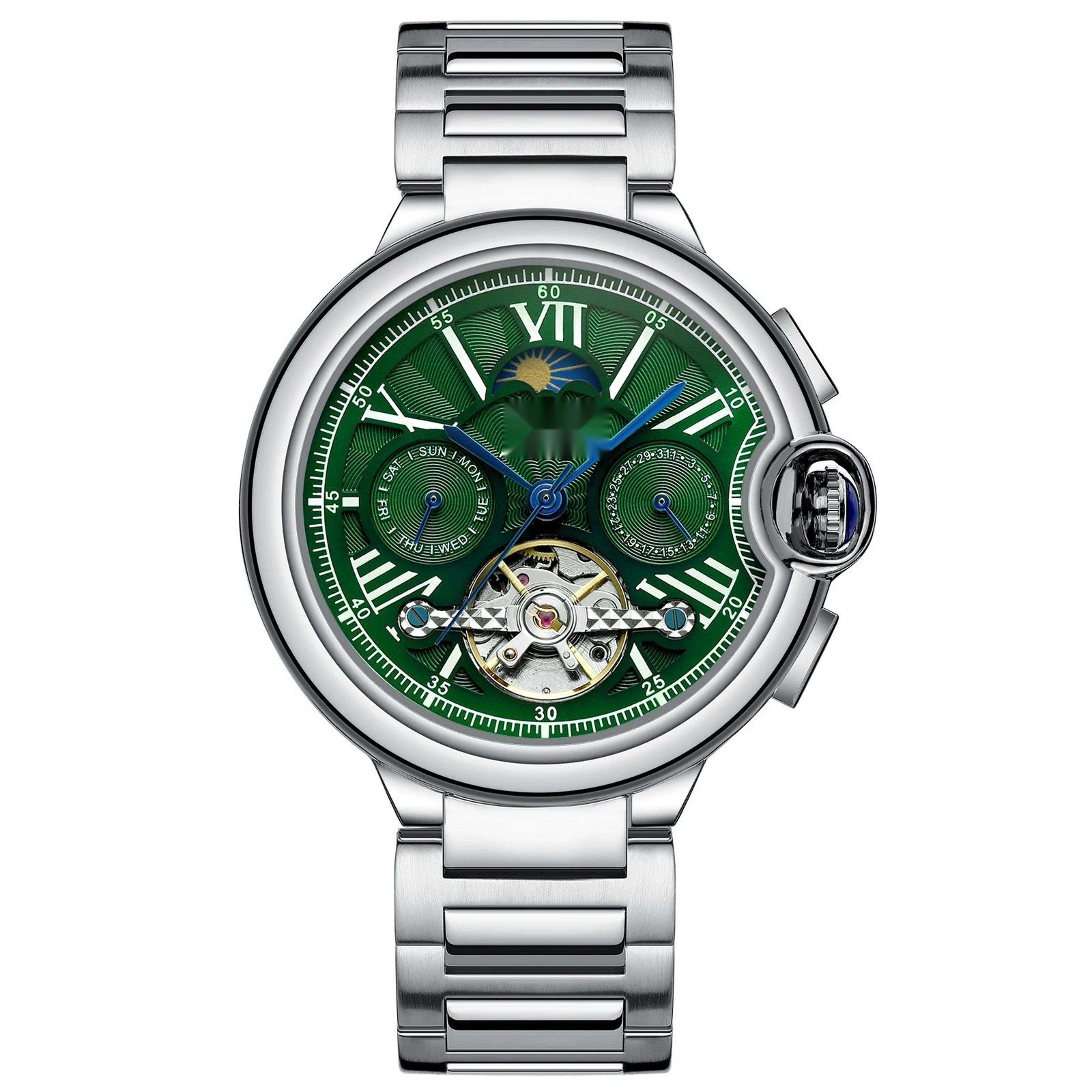 Mens Automatic Mechanical Watch Hollow Dial Date Week Stainless Steel Wristwatch 4