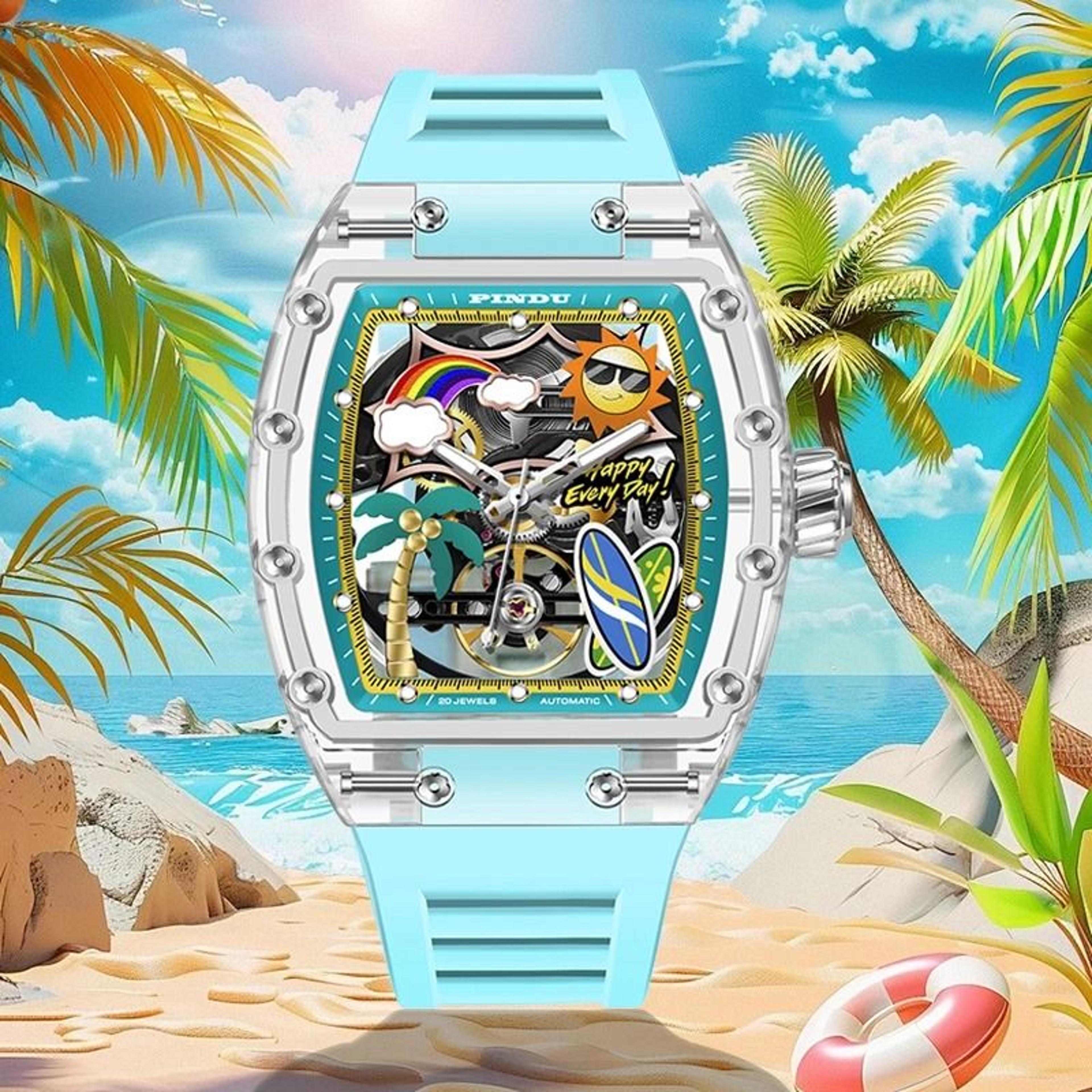 mens automatic skeleton watch luminous resin sports watch with silicone strap