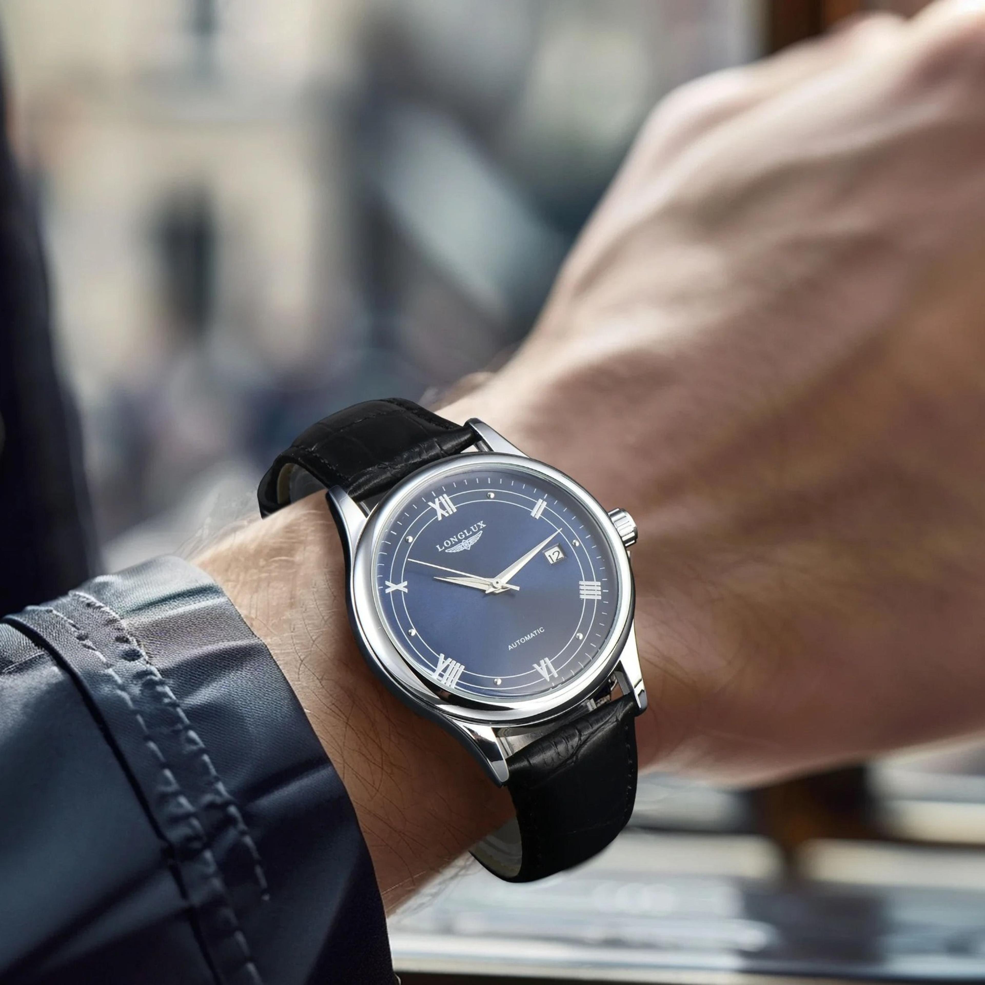 mens automatic mechanical watch leather strap date calendar dress watch