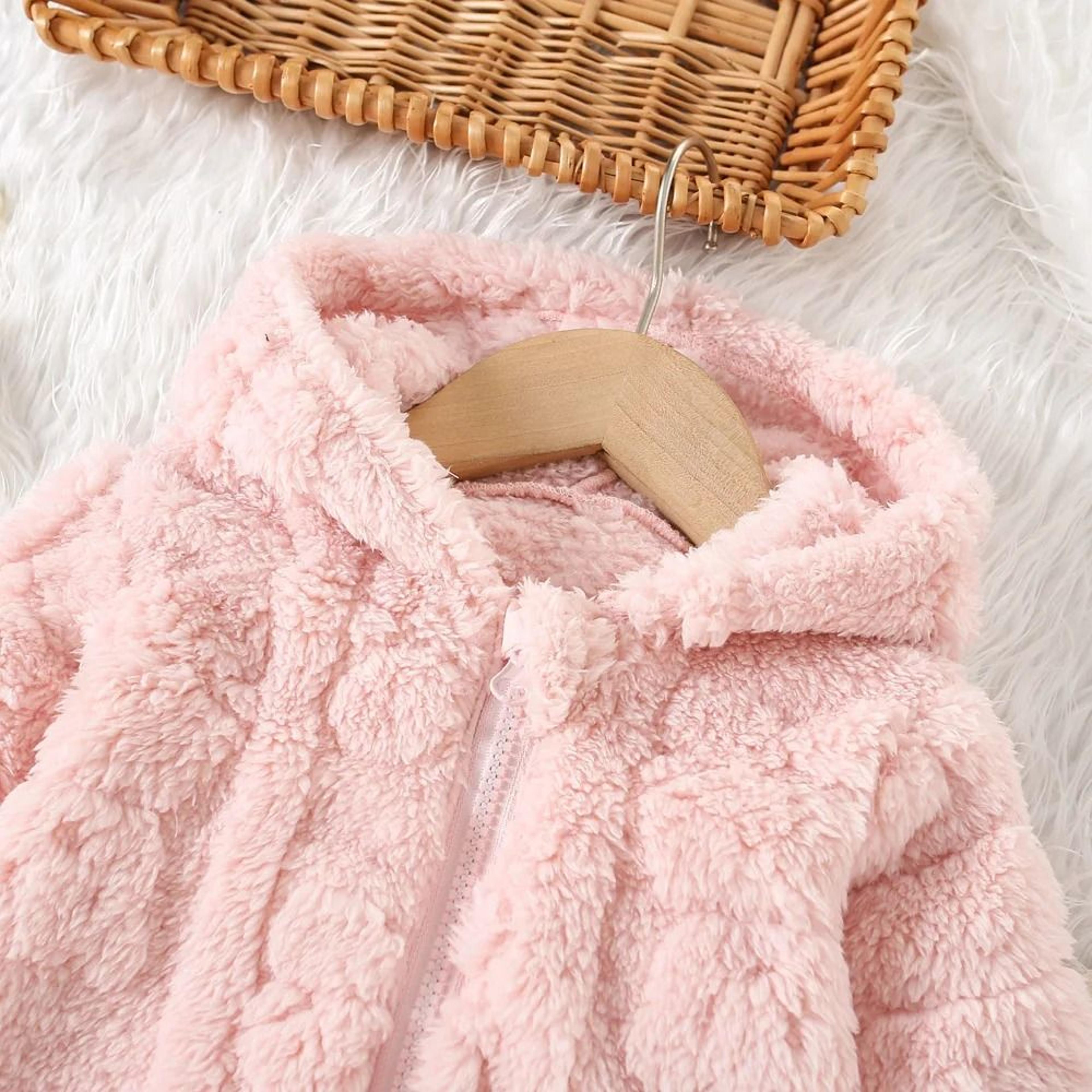 Baby Girl Pink Fleece Hooded Jacket Heart Pattern Warm Winter Coat 7