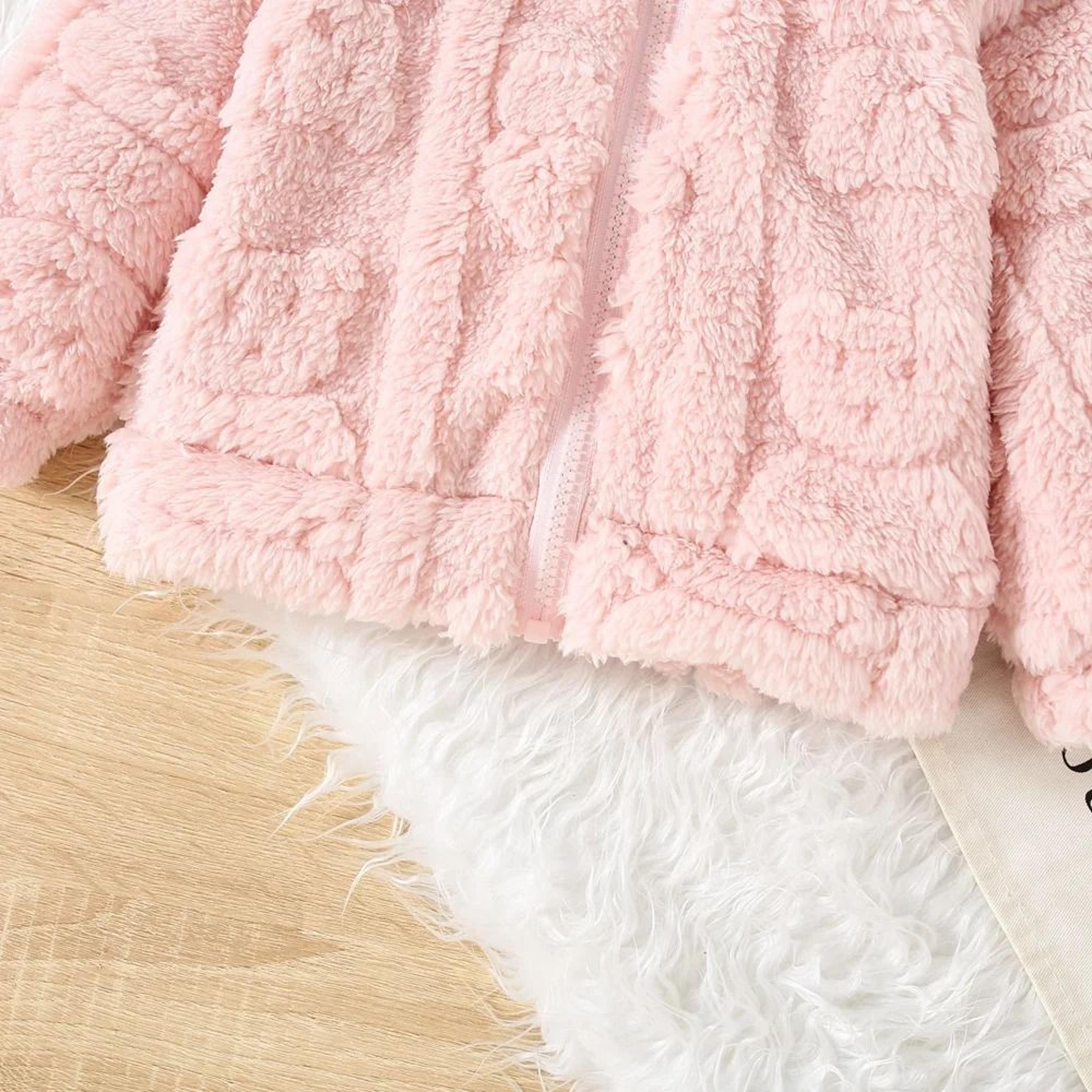 Baby Girl Pink Fleece Hooded Jacket Heart Pattern Warm Winter Coat 4