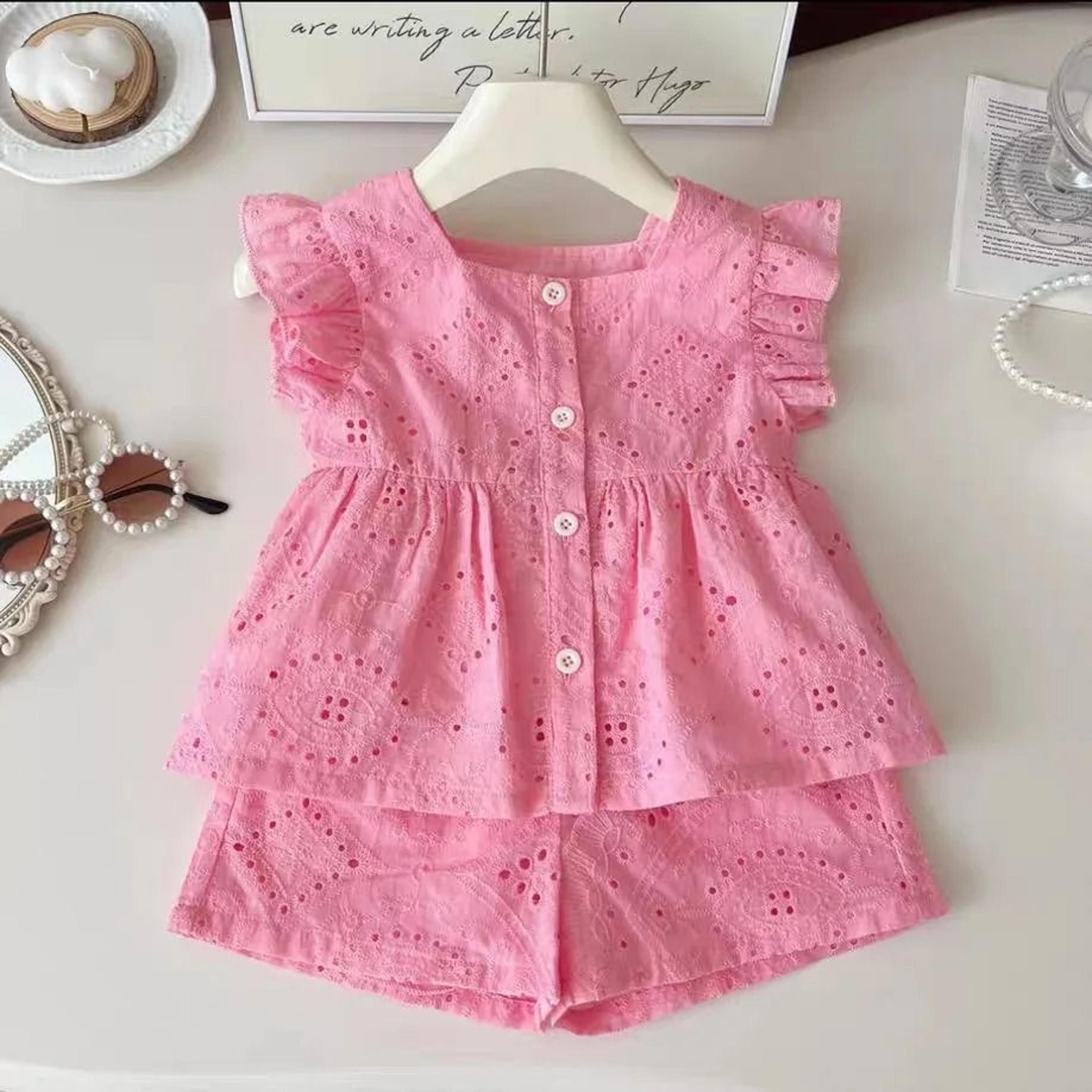 Baby Girl Pink Cotton Summer Set Eyelet Flutter Sleeve Top And Shorts 6