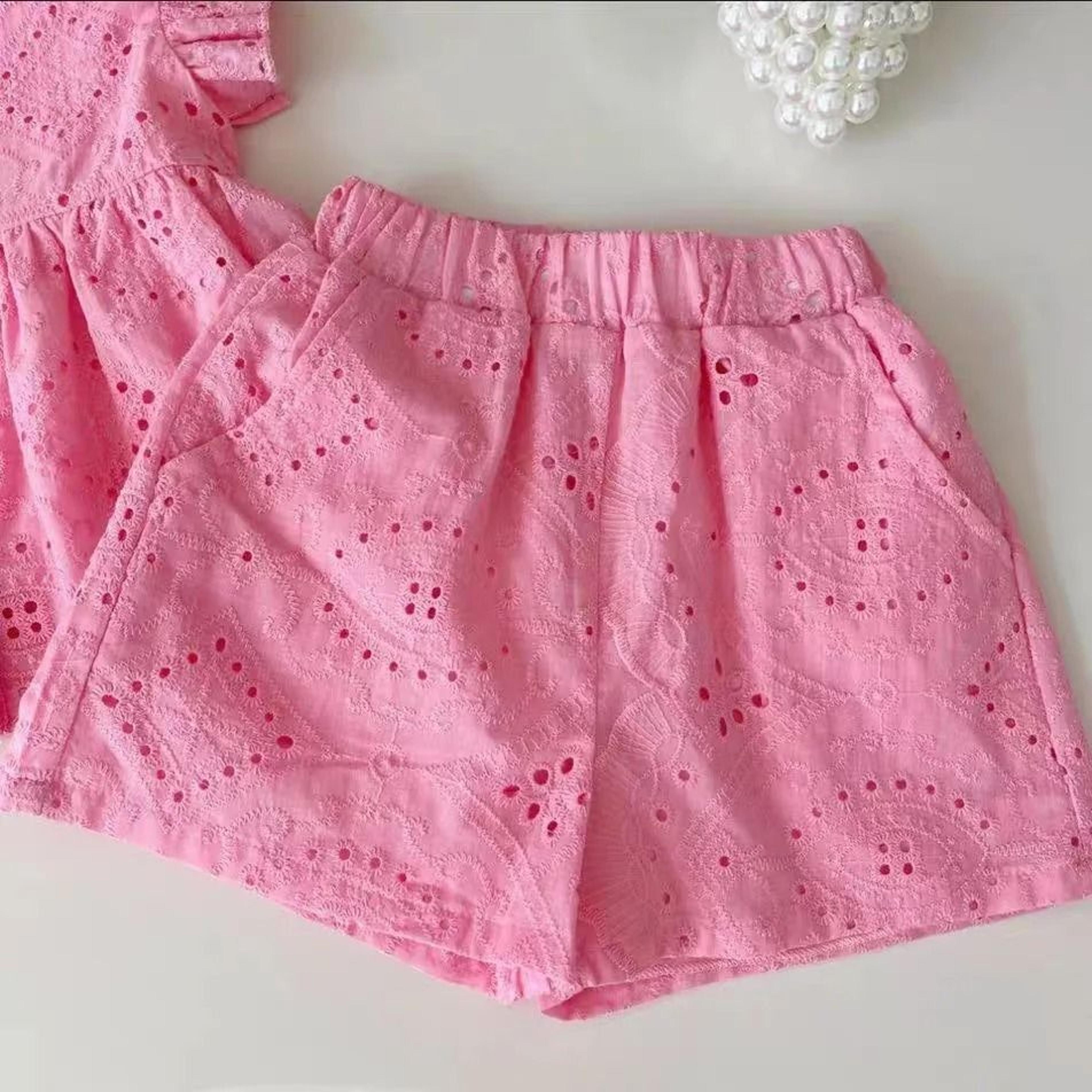 Baby Girl Pink Cotton Summer Set Eyelet Flutter Sleeve Top And Shorts 2