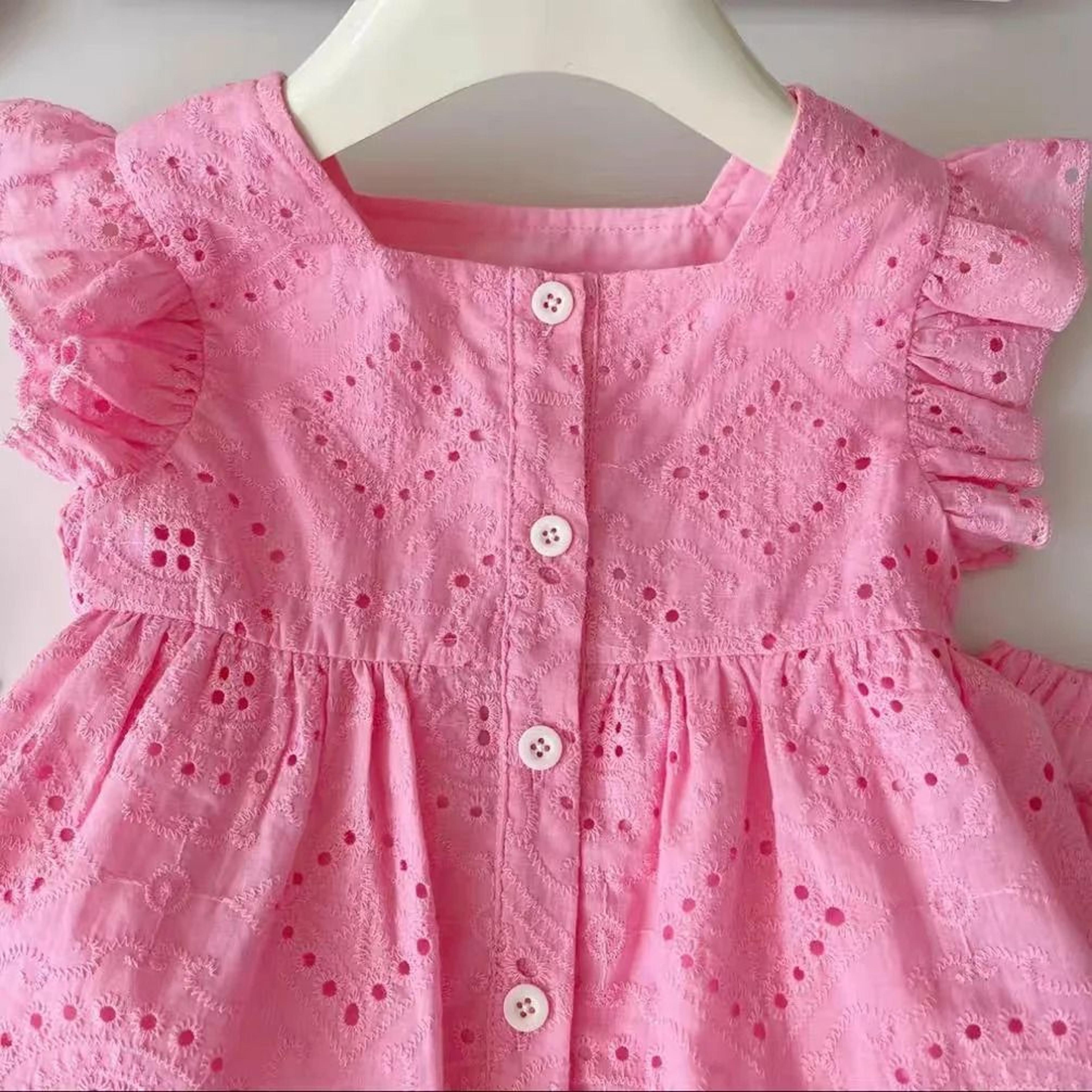 Baby Girl Pink Cotton Summer Set Eyelet Flutter Sleeve Top And Shorts 4