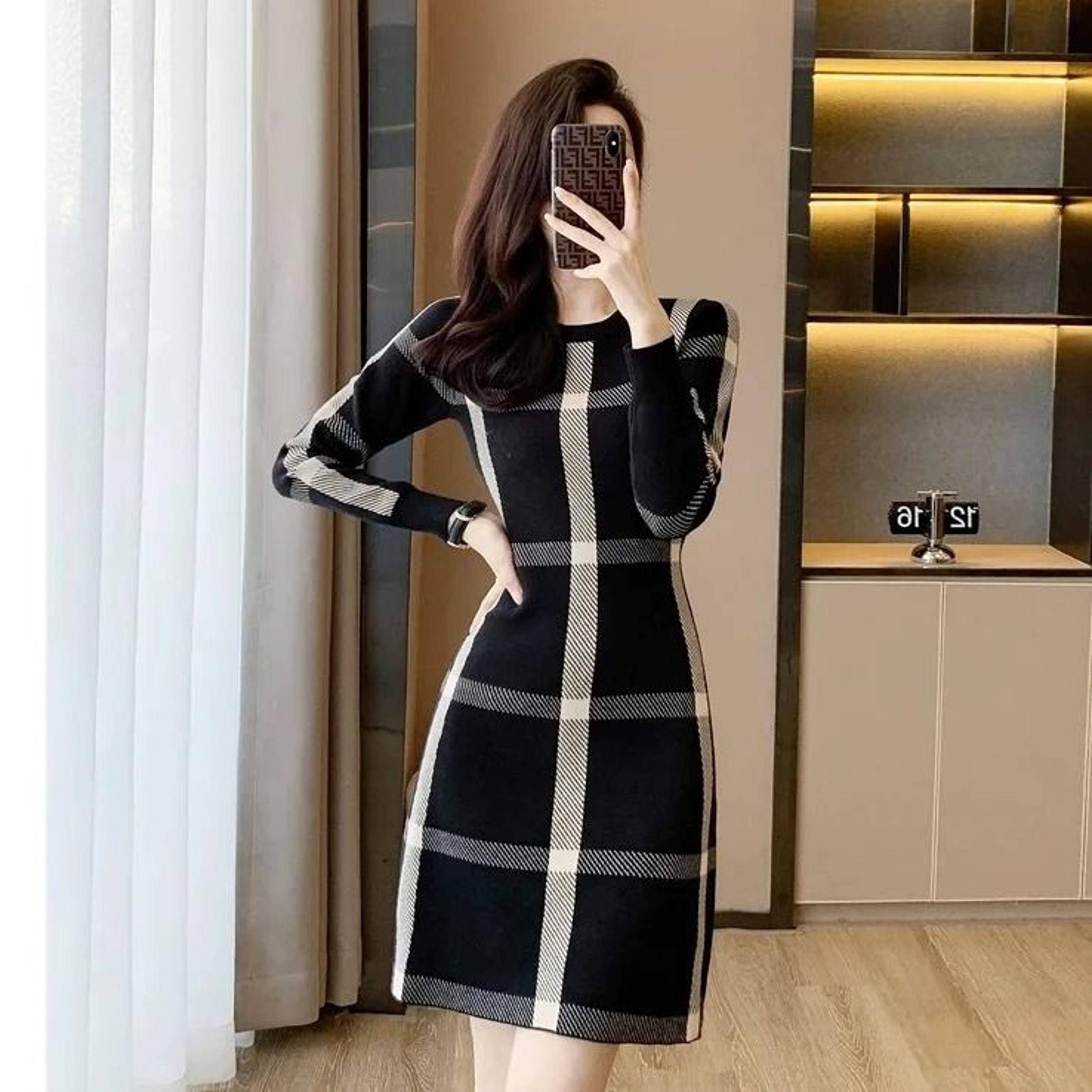 Womens Retro Black Knit Dress Slim Fit Autumn Winter Sweater Dress 2