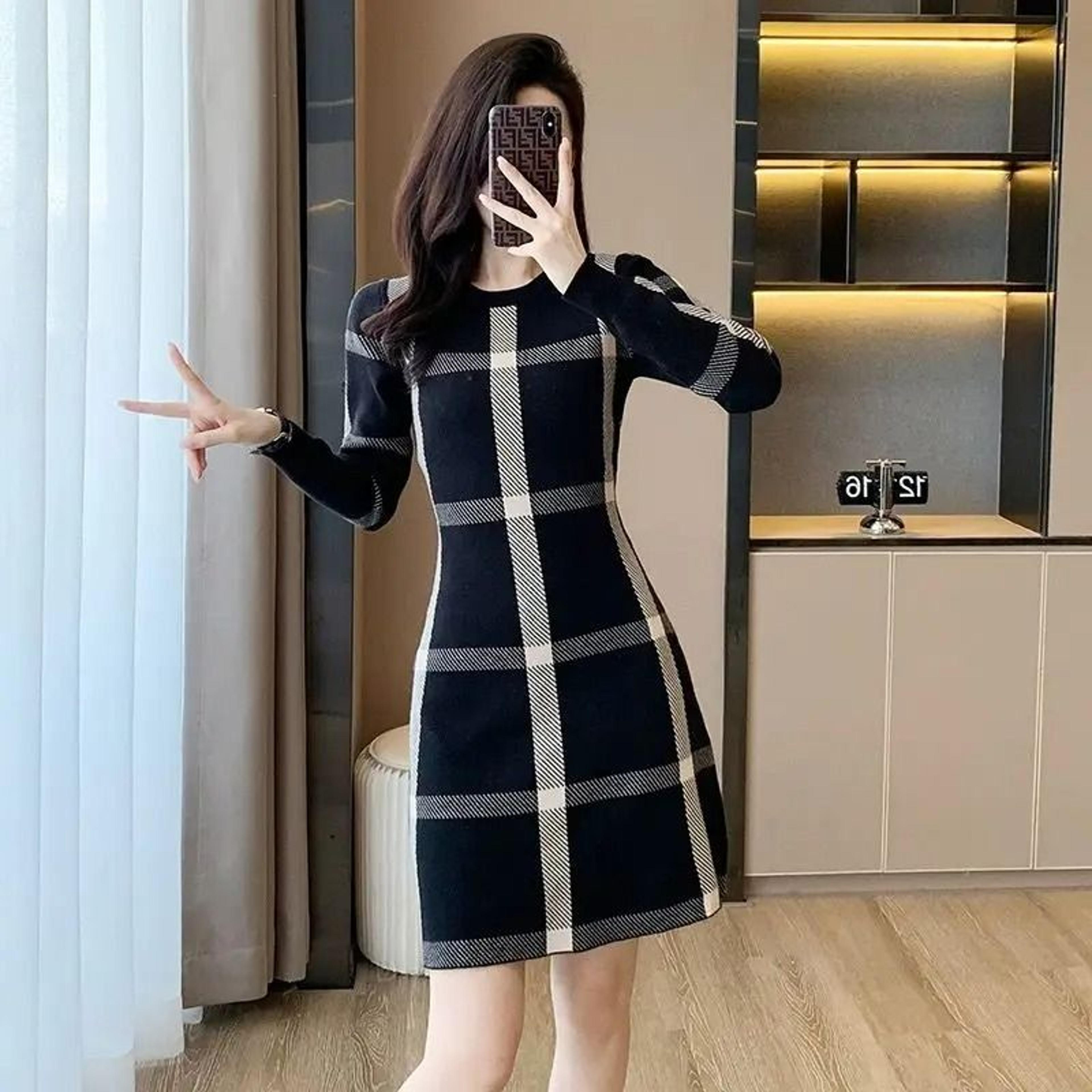 Womens Retro Black Knit Dress Slim Fit Autumn Winter Sweater Dress 4