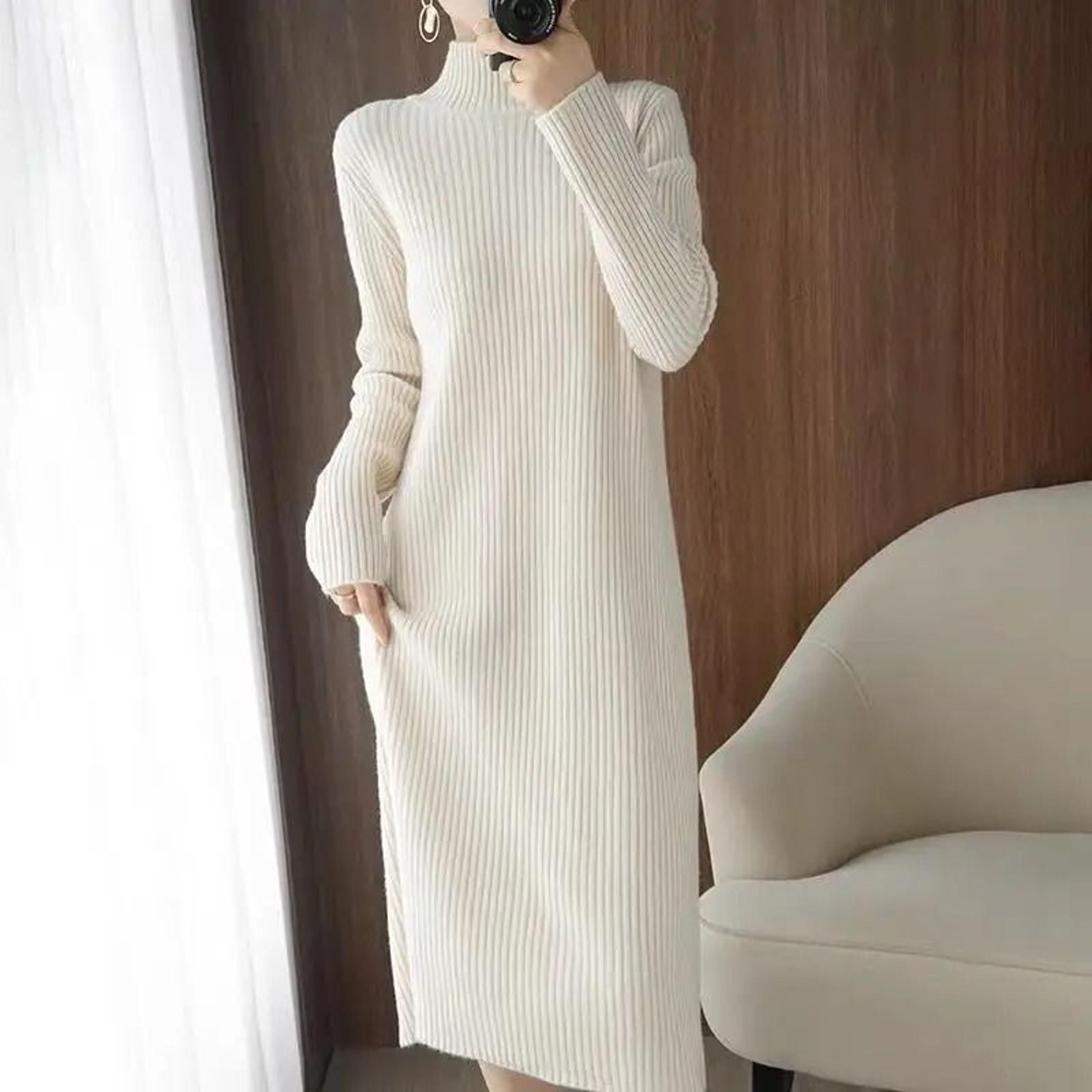 Womens White Maxi Sweater Dress Long Sleeve Vintage Korean Knit Dress 2