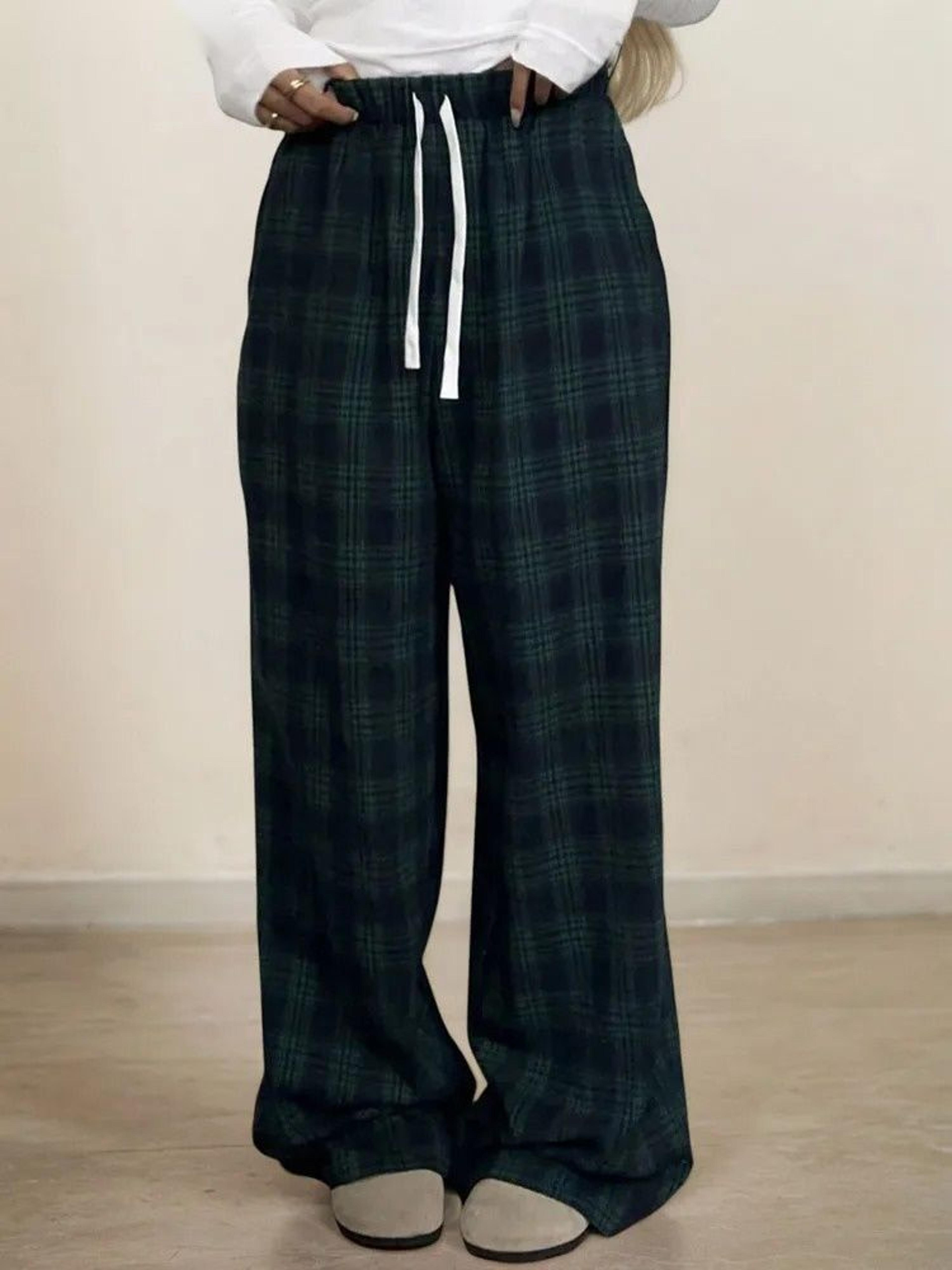 womens plaid wide leg pants high waist green baggy autumn winter trousers