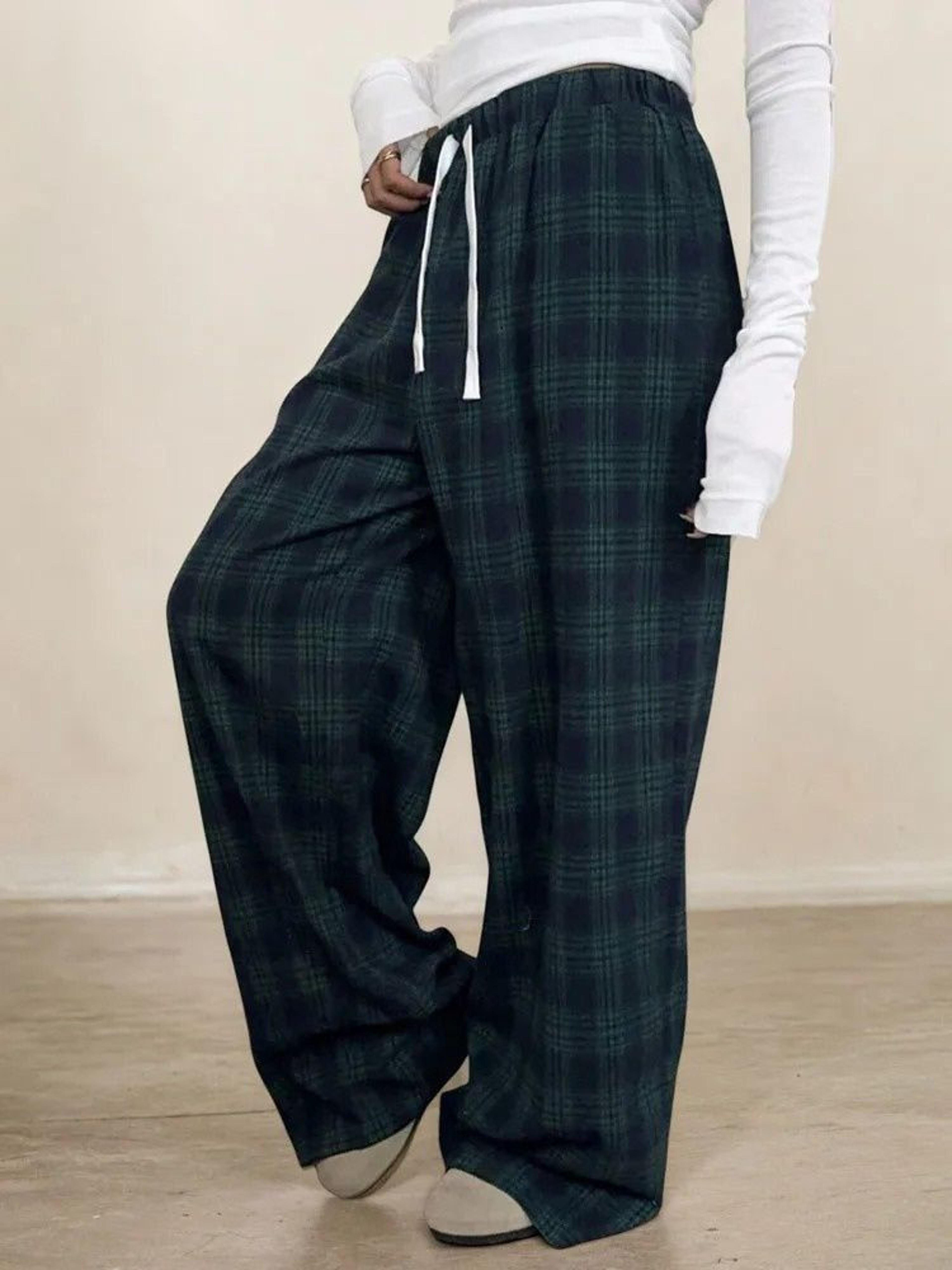 Womens Plaid Wide Leg Pants High Waist Green Baggy Autumn Winter Trousers 2