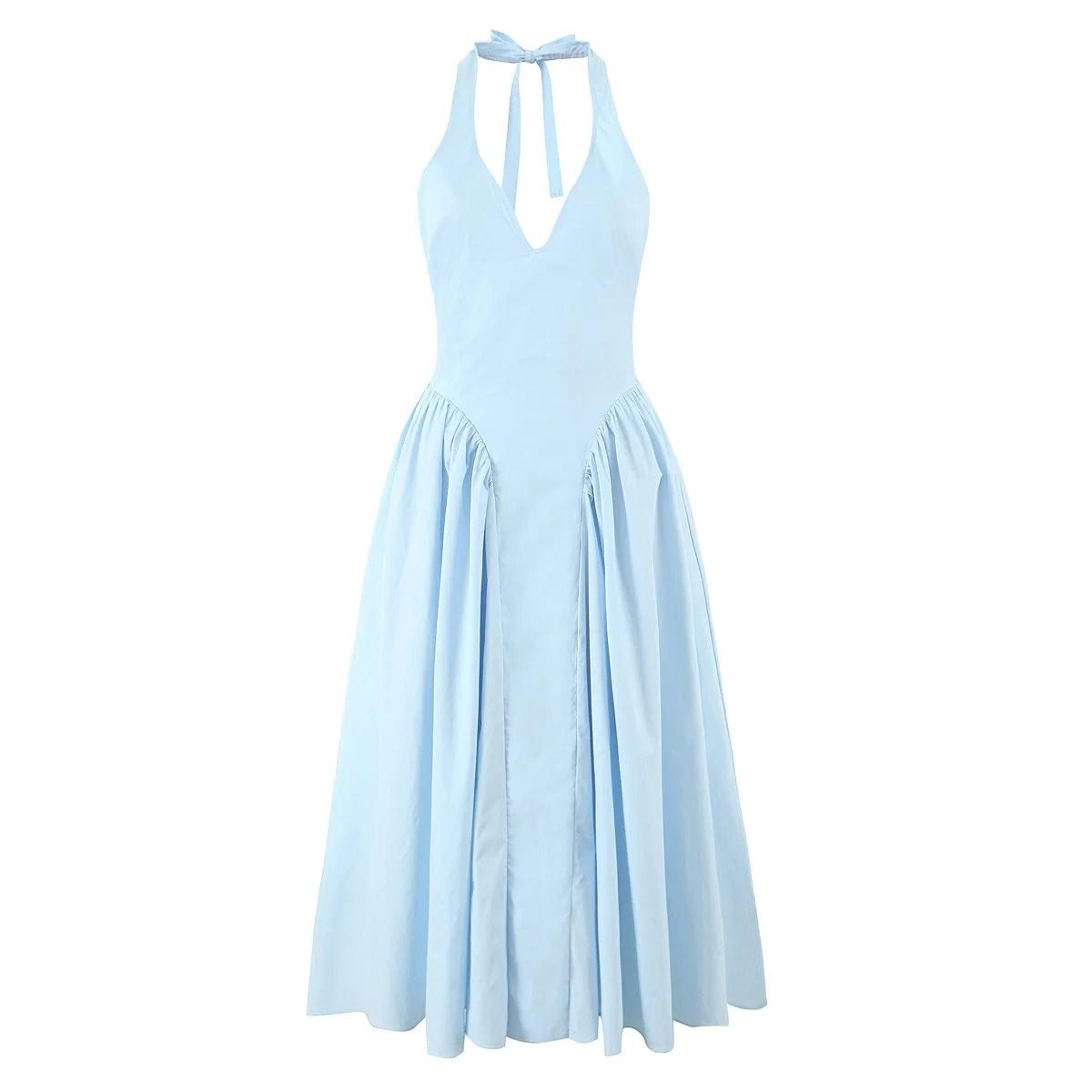 Womens Green Halter Midi Dress Backless Low Waist A Line Summer Dress 3