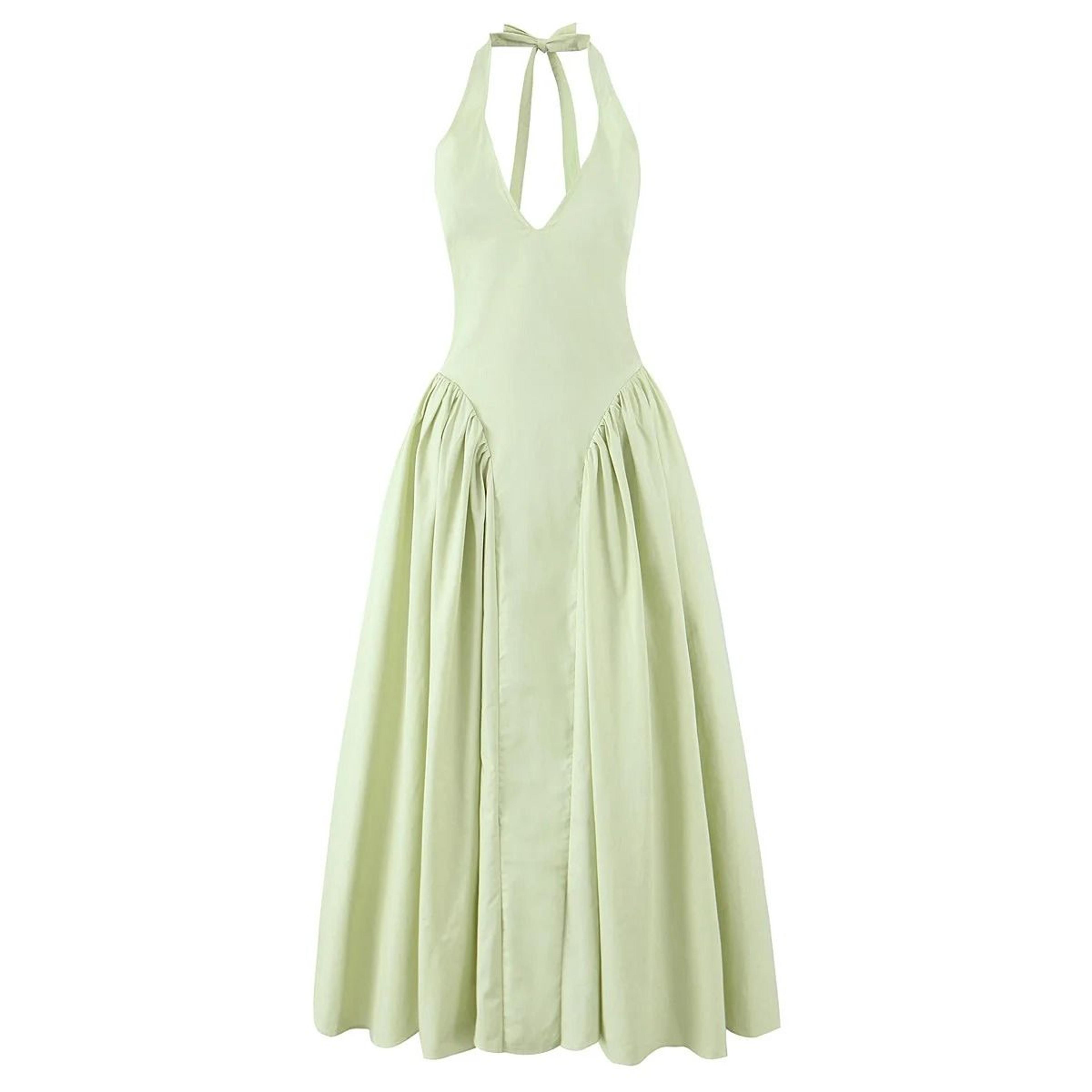 Womens Green Halter Midi Dress Backless Low Waist A Line Summer Dress 2
