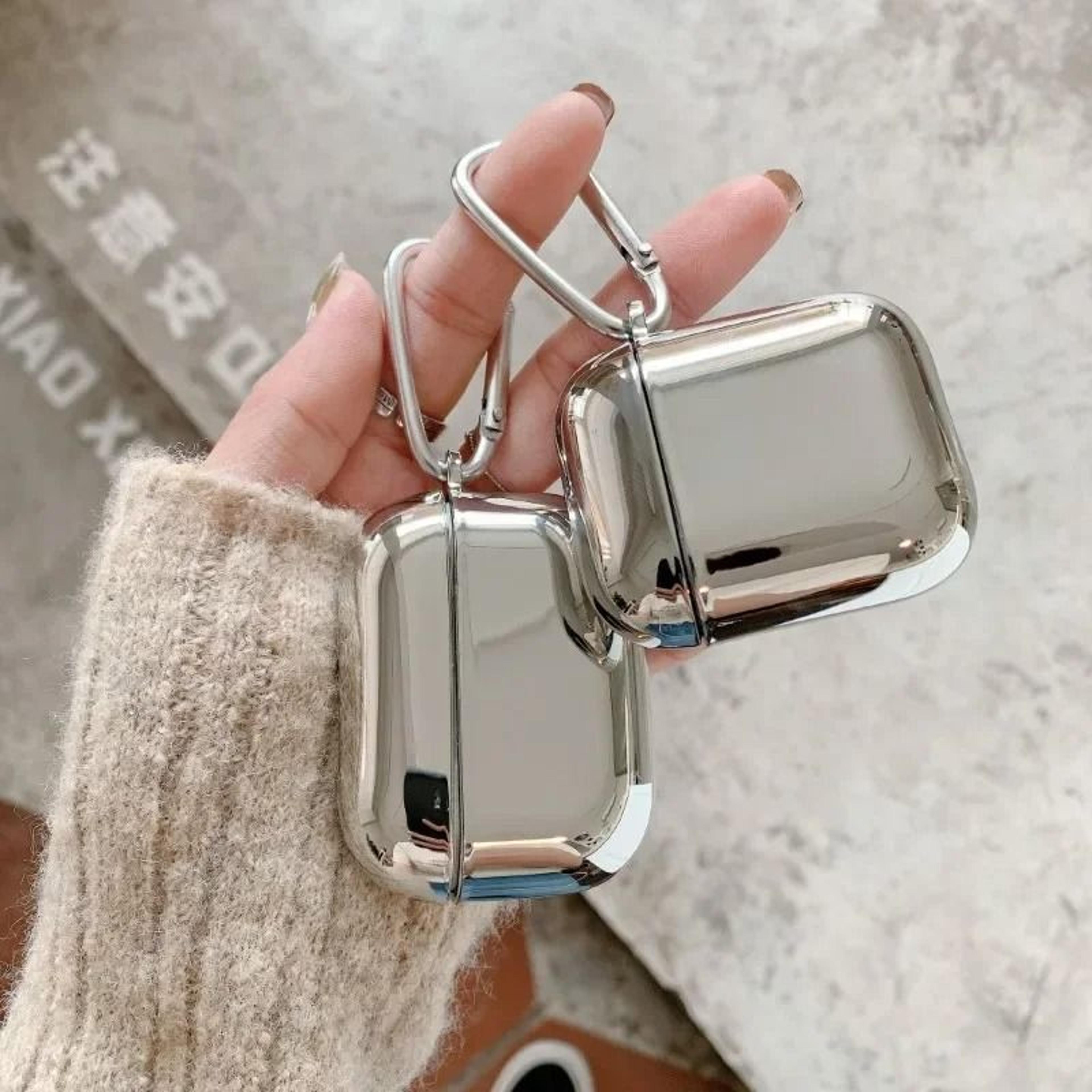 Silver Mirror Earbud Case Electroplated TPU Protective Cover With Hook 6