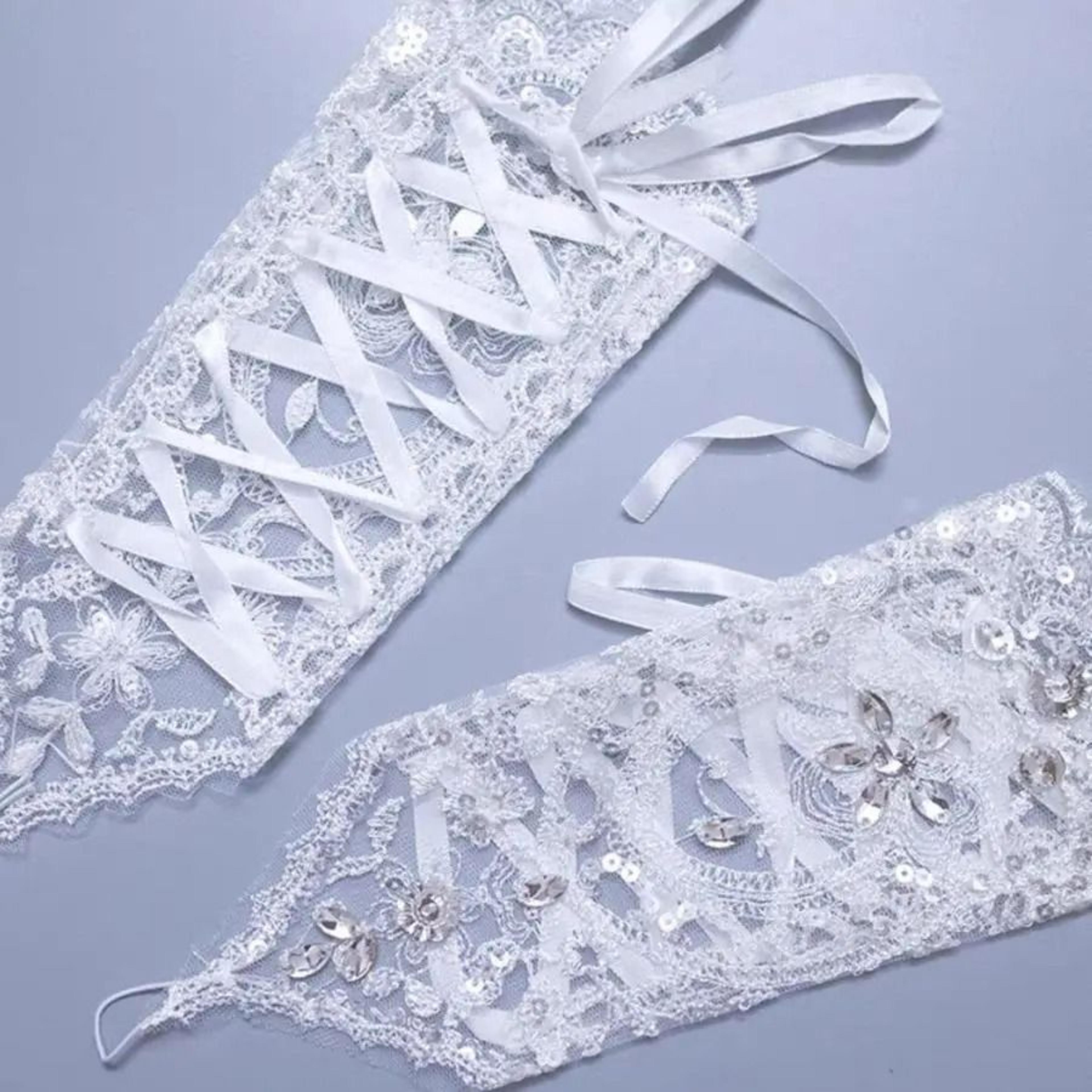 Womens White Lace Bridal Gloves Fingerless Crystal Sequin Wedding Gloves 3