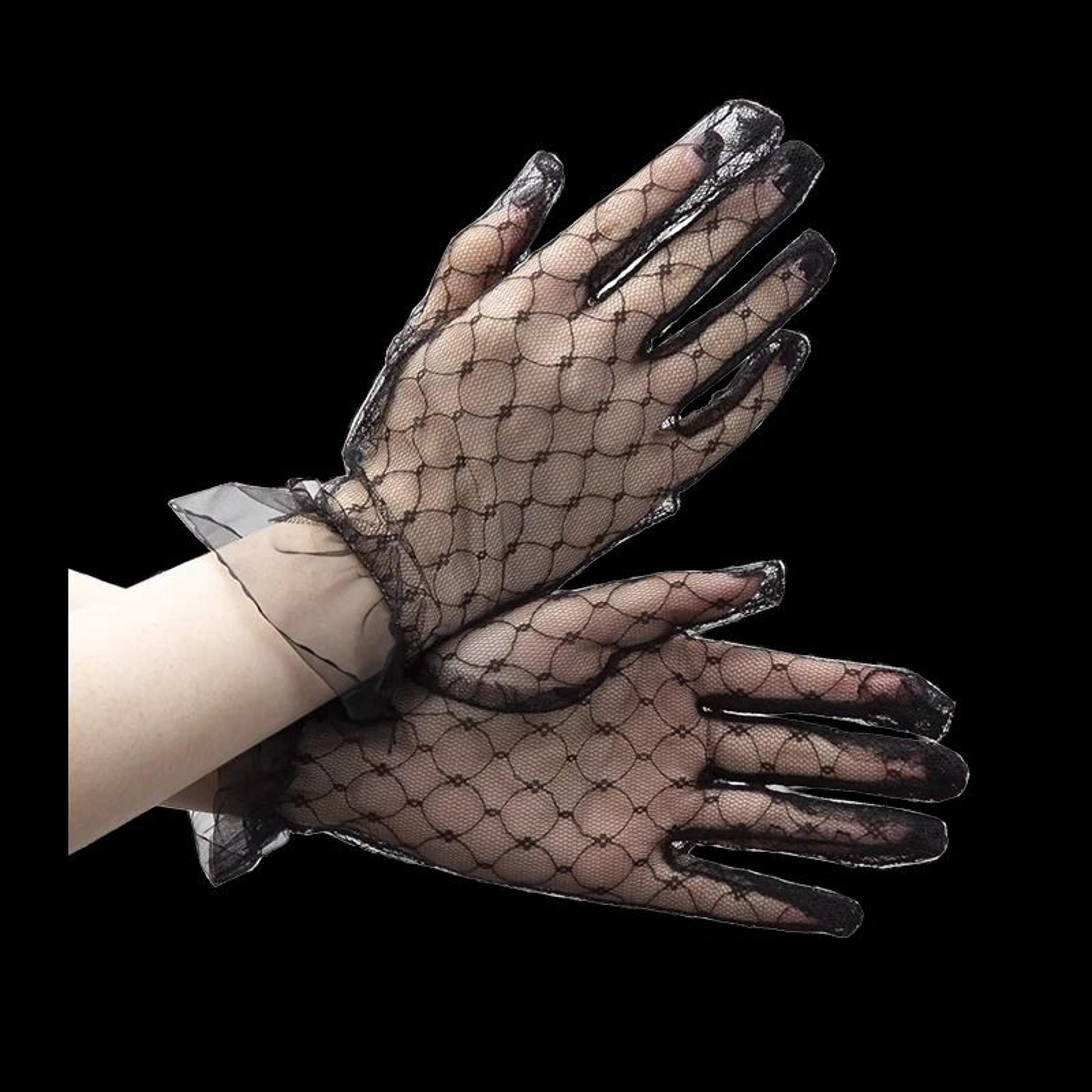 Womens Black Lace Mesh Gloves Short Transparent Party Bridal Gloves 6