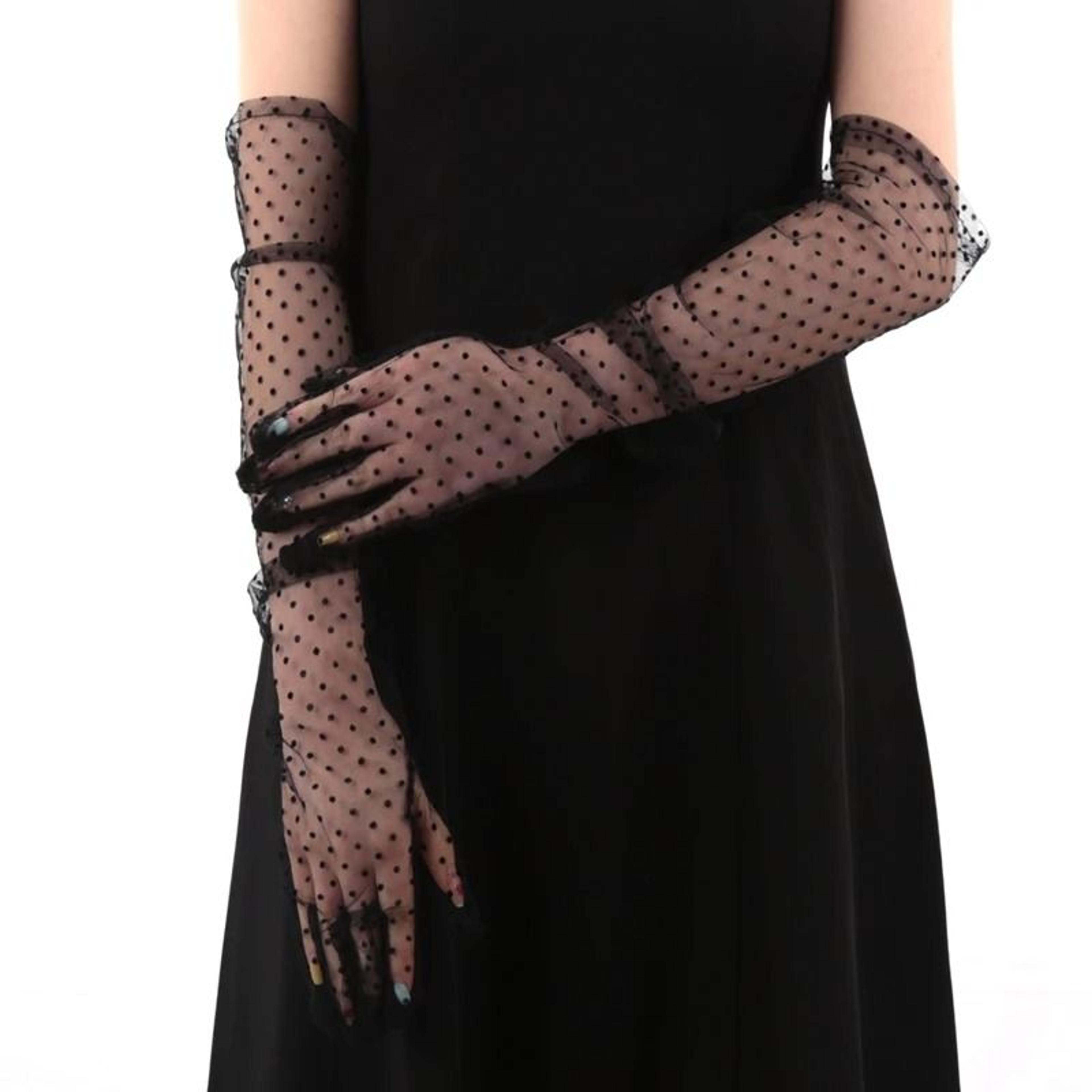 Womens Black Lace Fishnet Gloves Long Sheer Dot Bridal Party Gloves 6