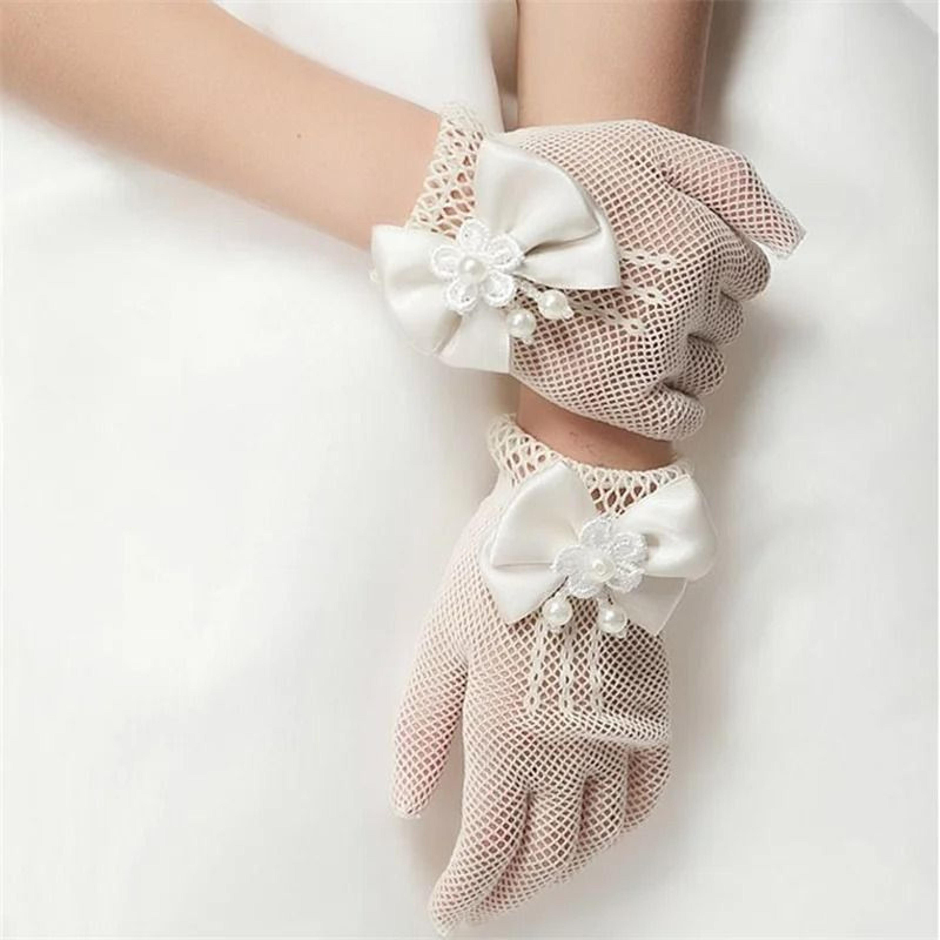 Girls White Lace Flower Girl Gloves Faux Pearl Bow Communion Gloves 10