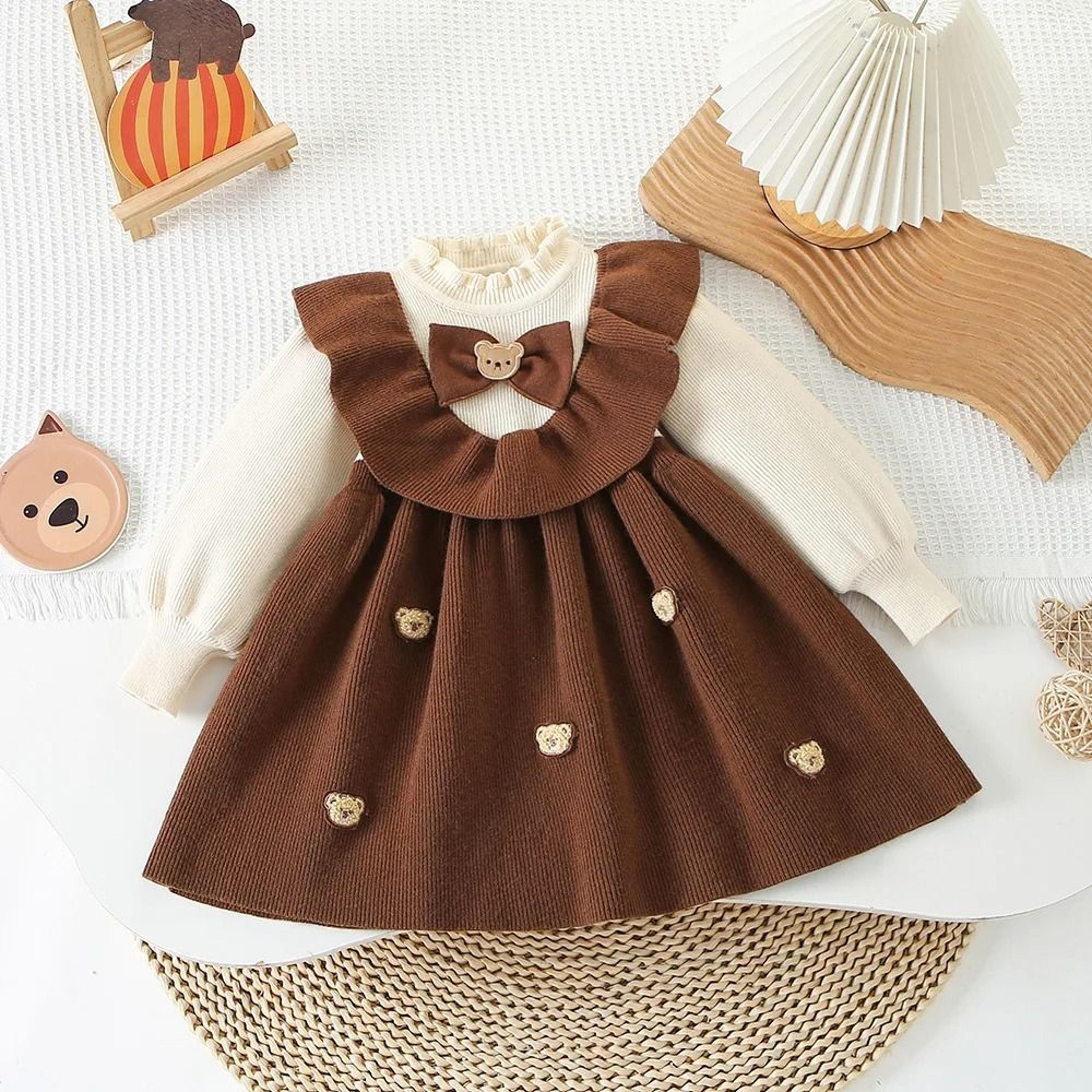 Toddler Girl Princess Sweater Dress With 3D Teddy Bear Bow 8