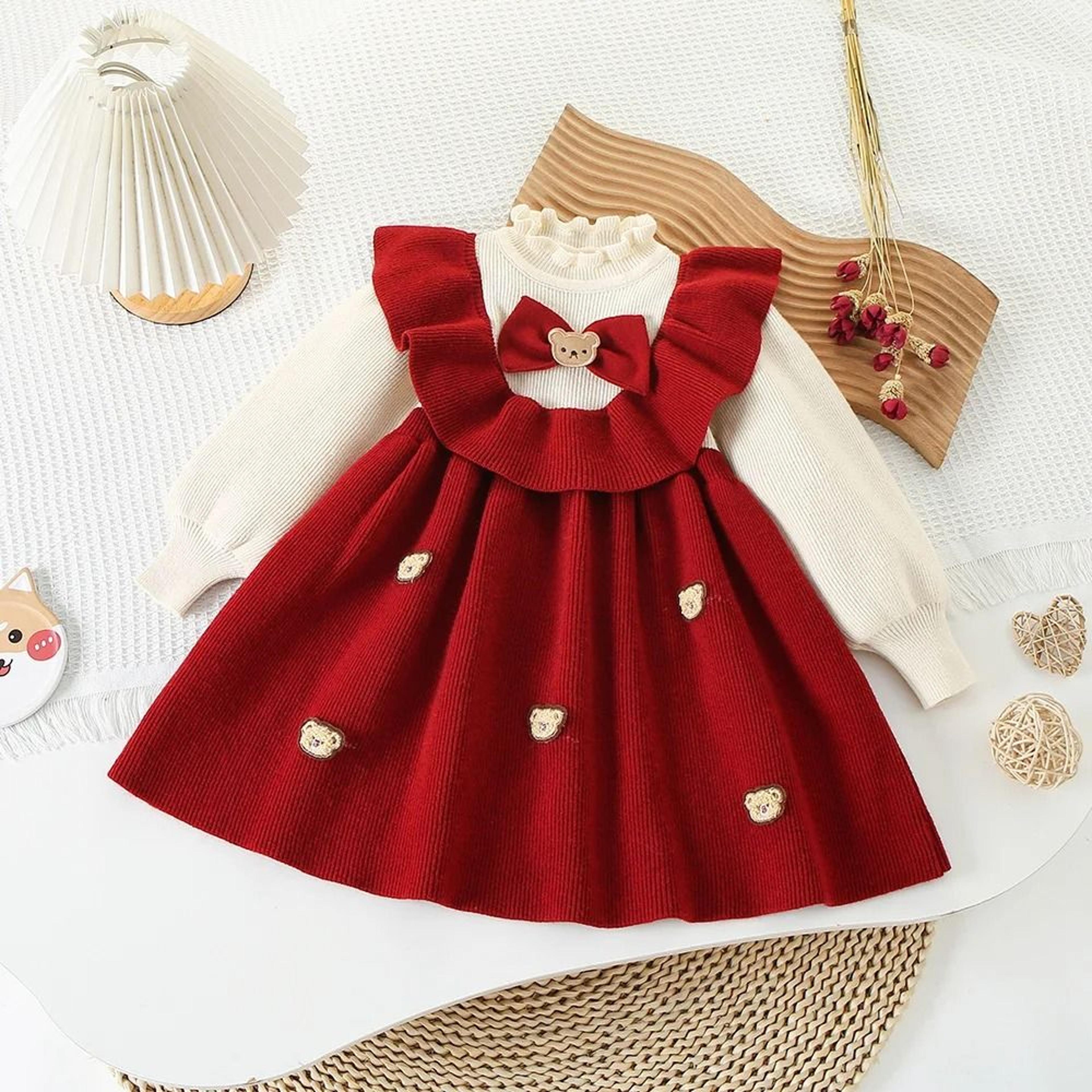 Toddler Girl Princess Sweater Dress With 3D Teddy Bear Bow 12