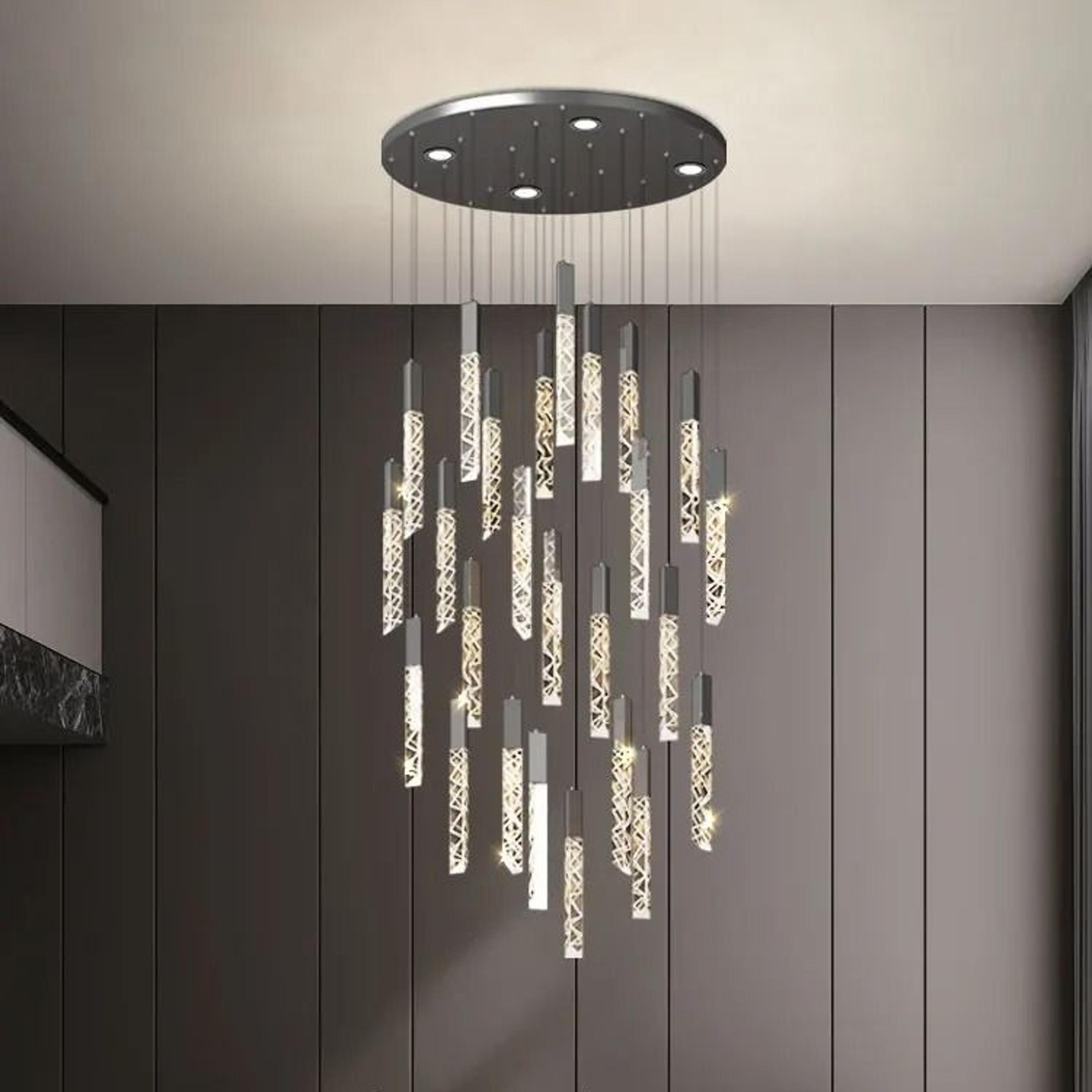 luxury crystal spiral led staircase chandelier for high ceiling living rooms