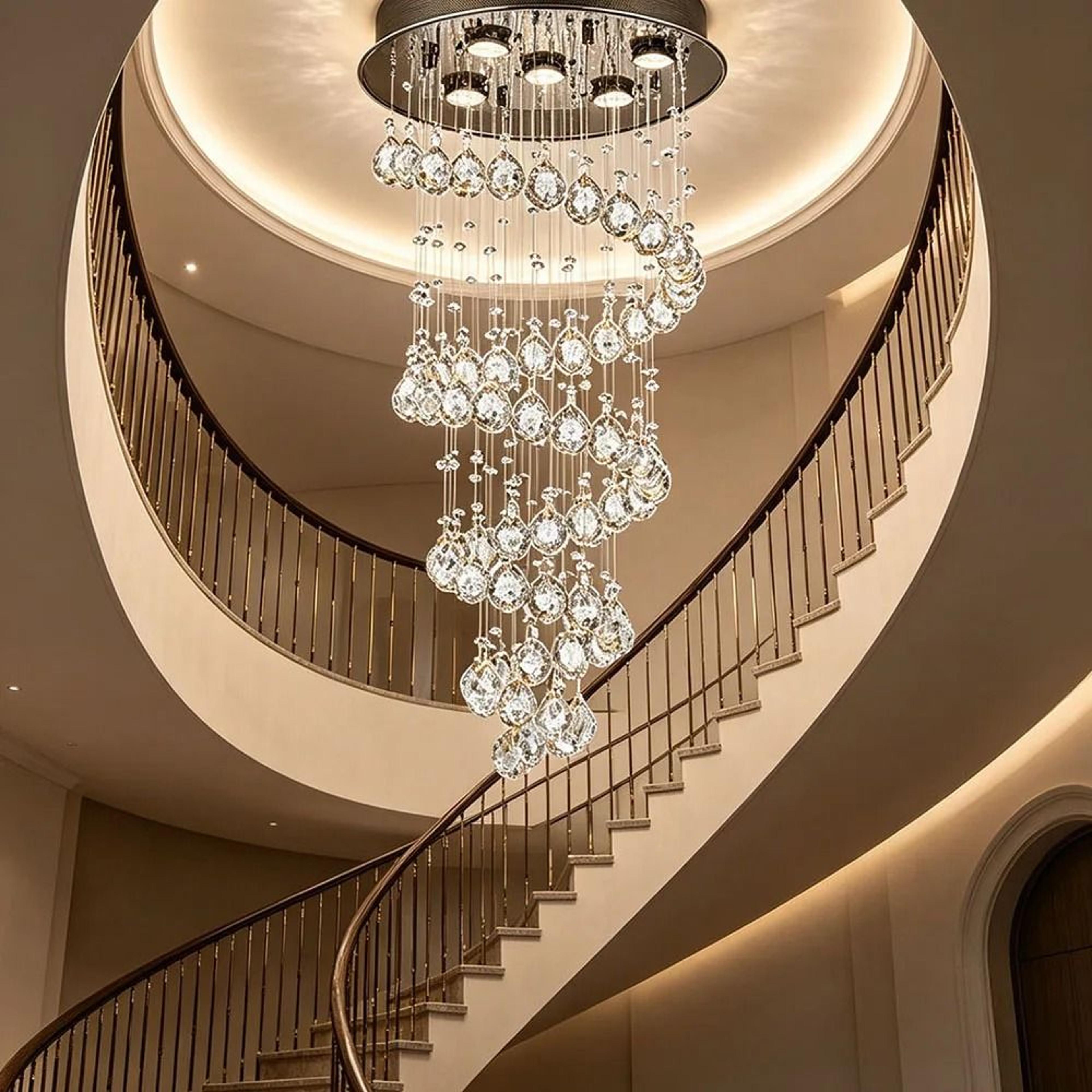 luxury spiral crystal waterfall led chandelier for staircases and high ceilings
