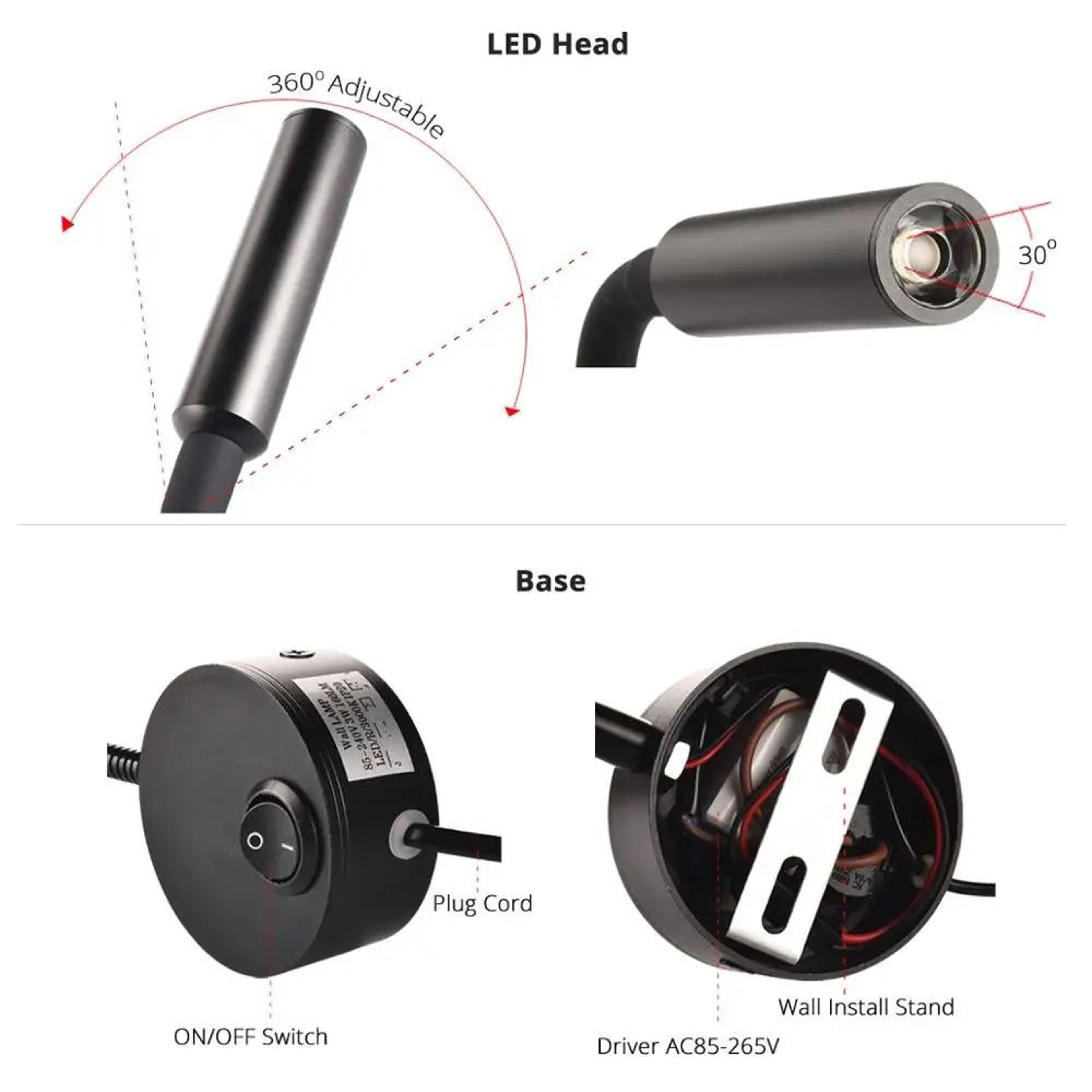 3W LED Bedside Wall Reading Light With US Plug Cord 8
