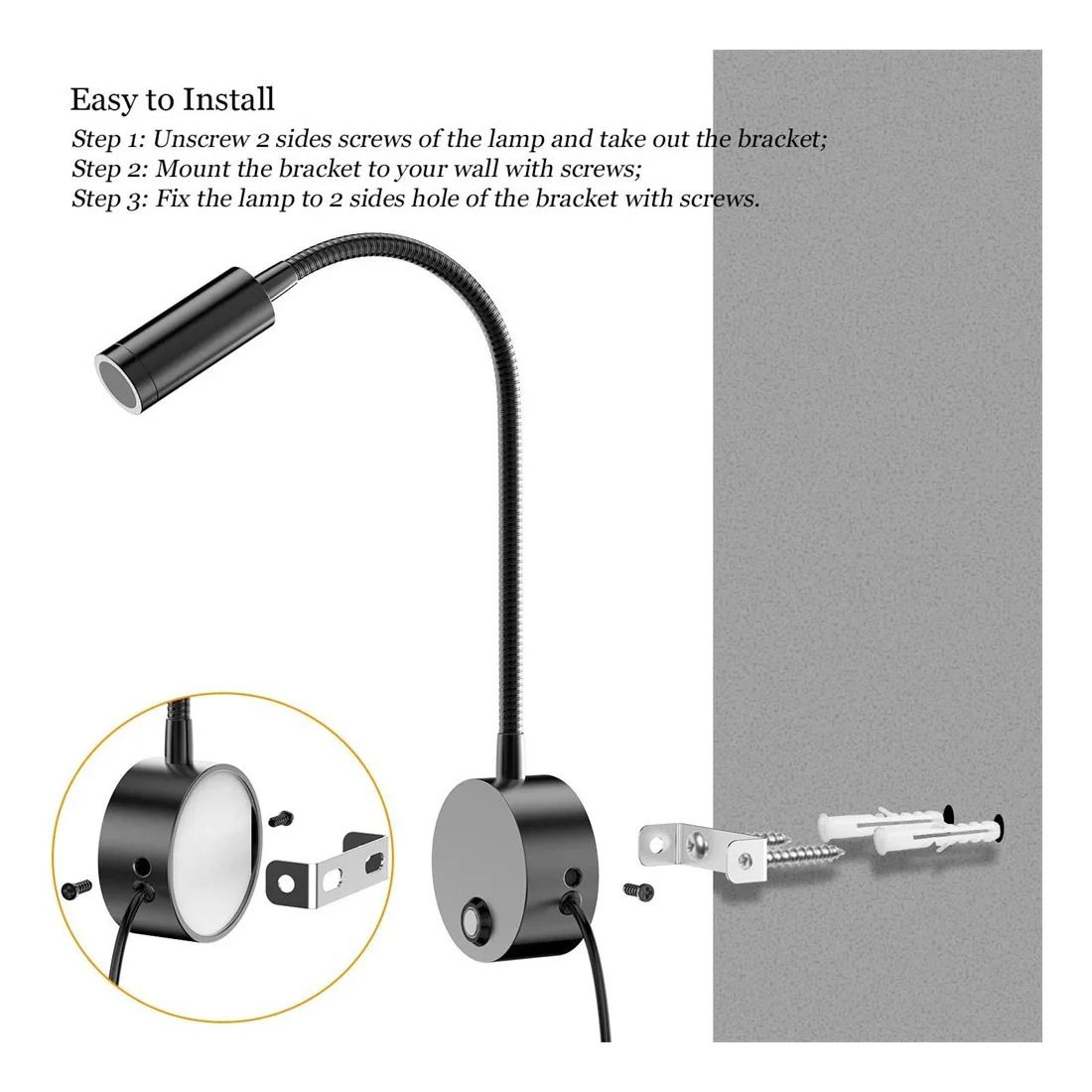2 Pack 3W USB Dimmable Gooseneck Bedside Reading Wall Lamps 9