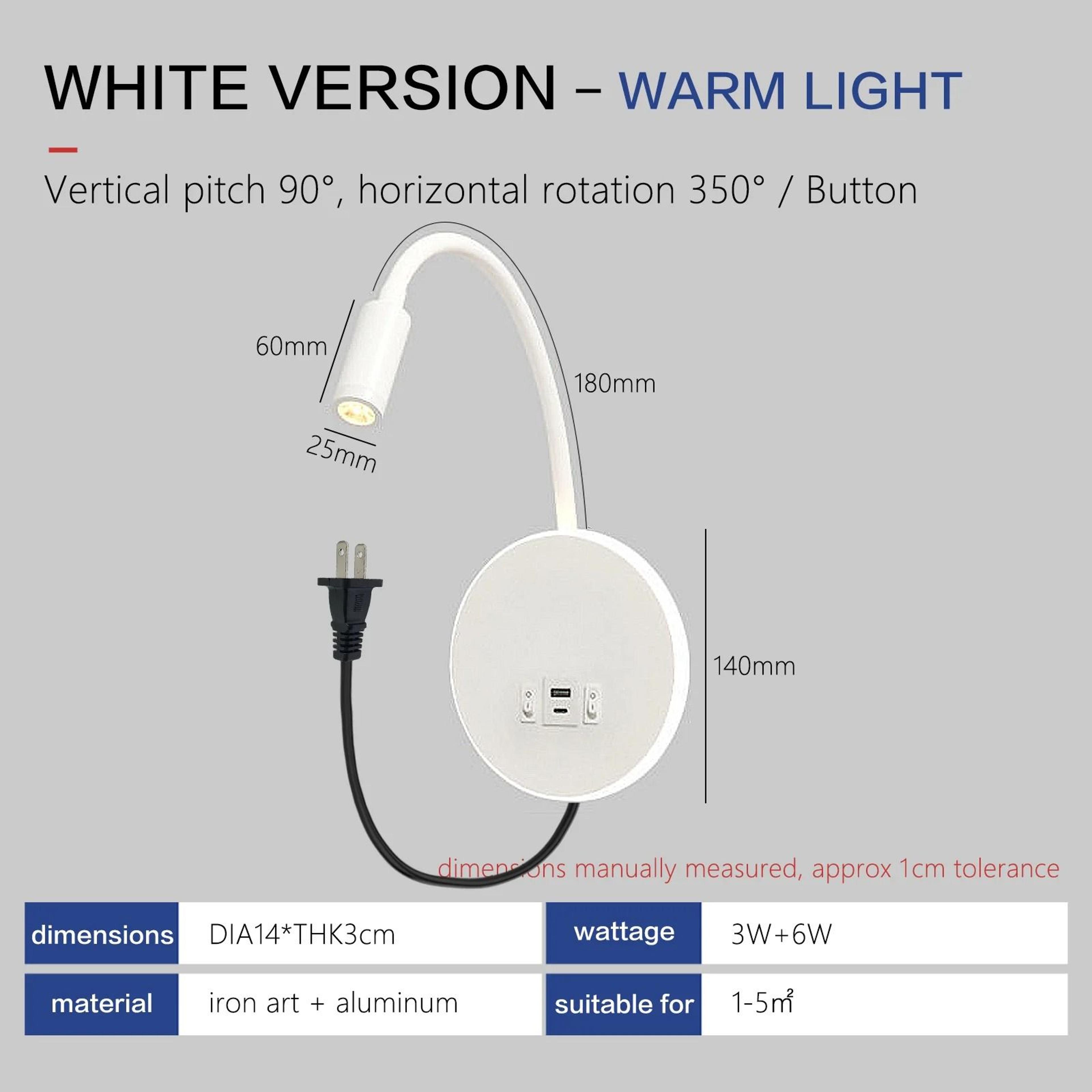 Modern LED Gooseneck Bedside Reading Wall Lamp With USB A And USB C Charging 2