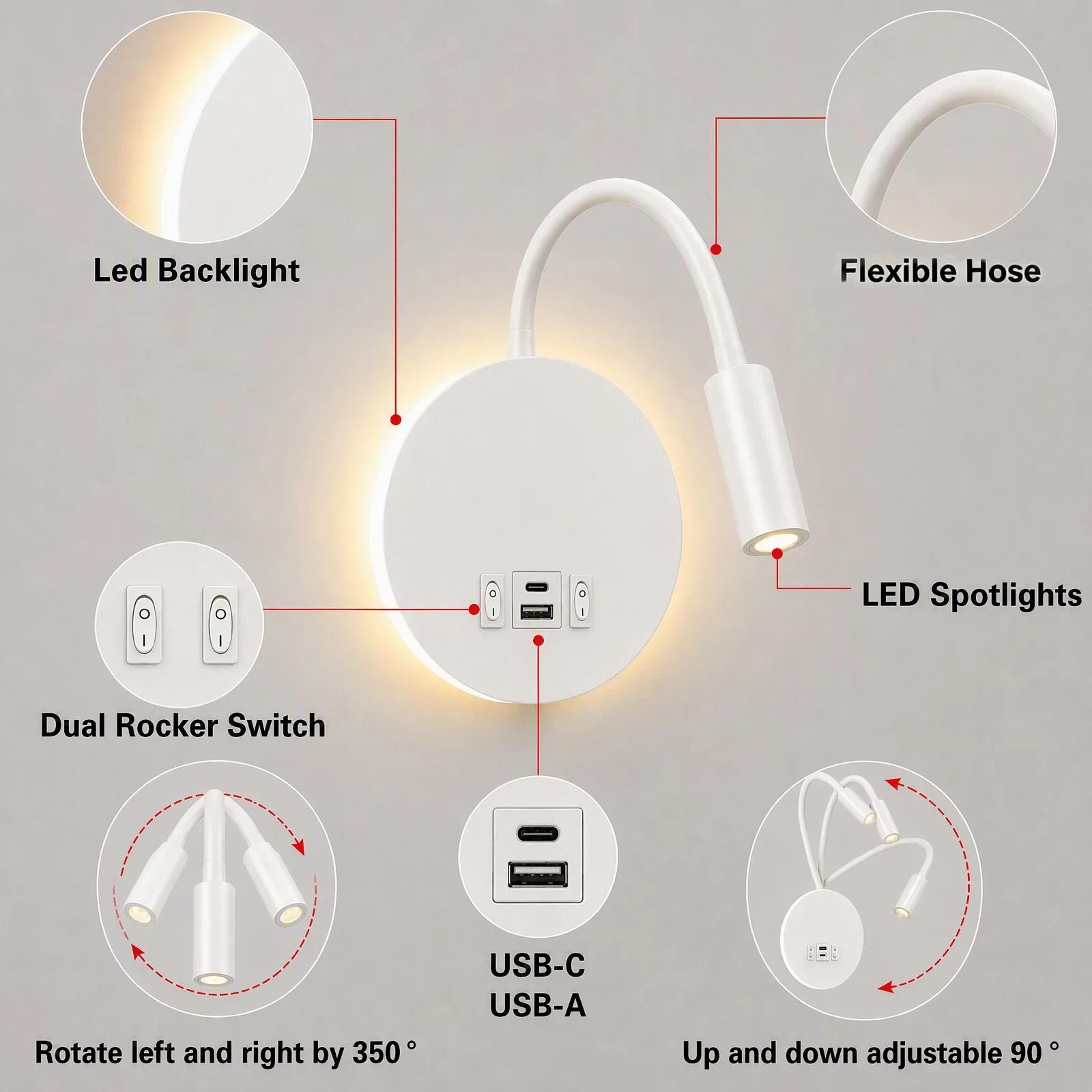 Modern LED Gooseneck Bedside Reading Wall Lamp With USB A And USB C Charging 3